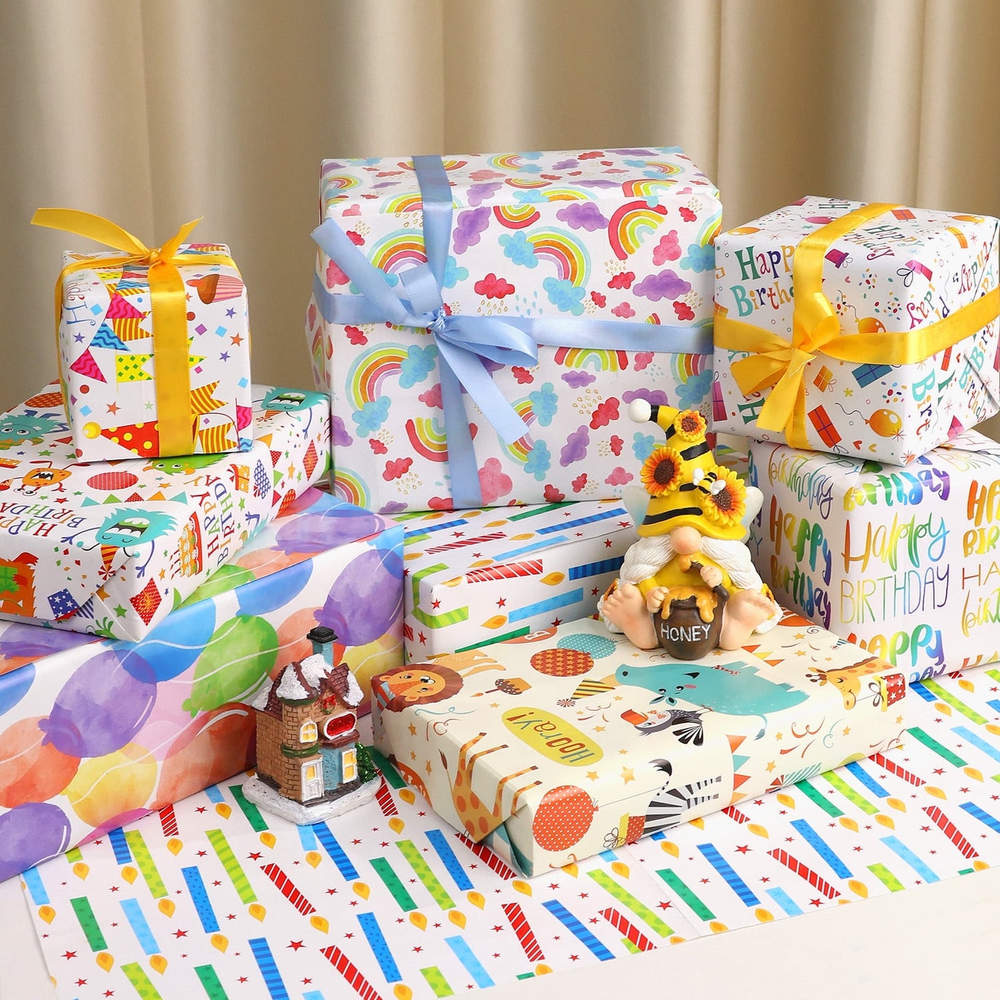 Ayieyill Birthday Wrapping Paper Roll Set of 15 with Ribbon and Tape, Gift Wrap for Happy Birthday Present