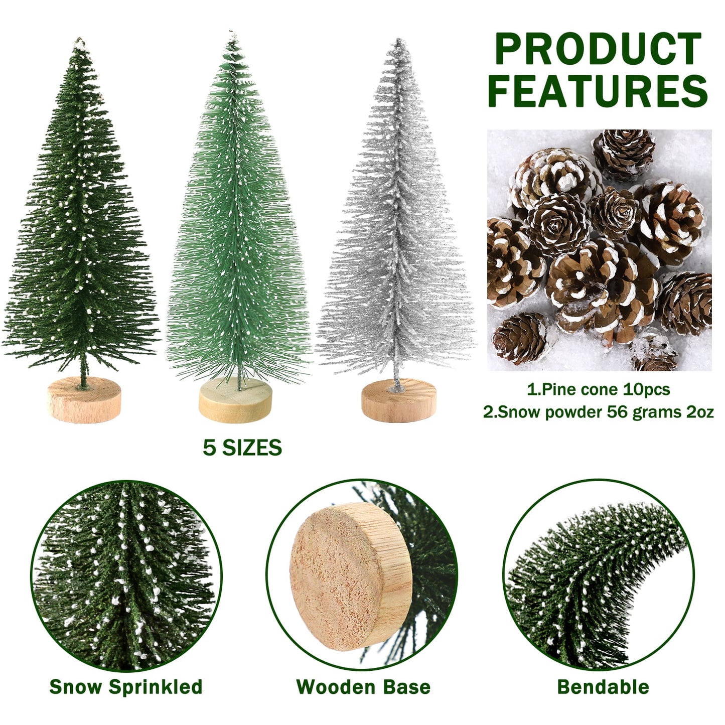 Ayieyill 35Pcs Mini Christmas Trees Bottle Brush Trees with Pine Cone Snow Powder, Christmas Village Sets