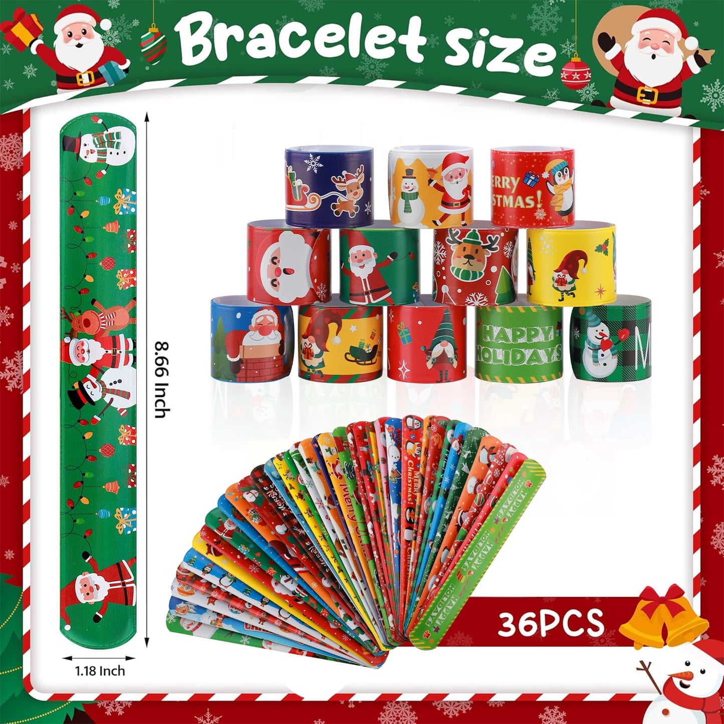 Ayieyill 36PCS Christmas Slap Bracelets for Kids, Christmas Party Favors Toys for Girls Boys, Christmas Theme Slap Bracelets for Party Gifts