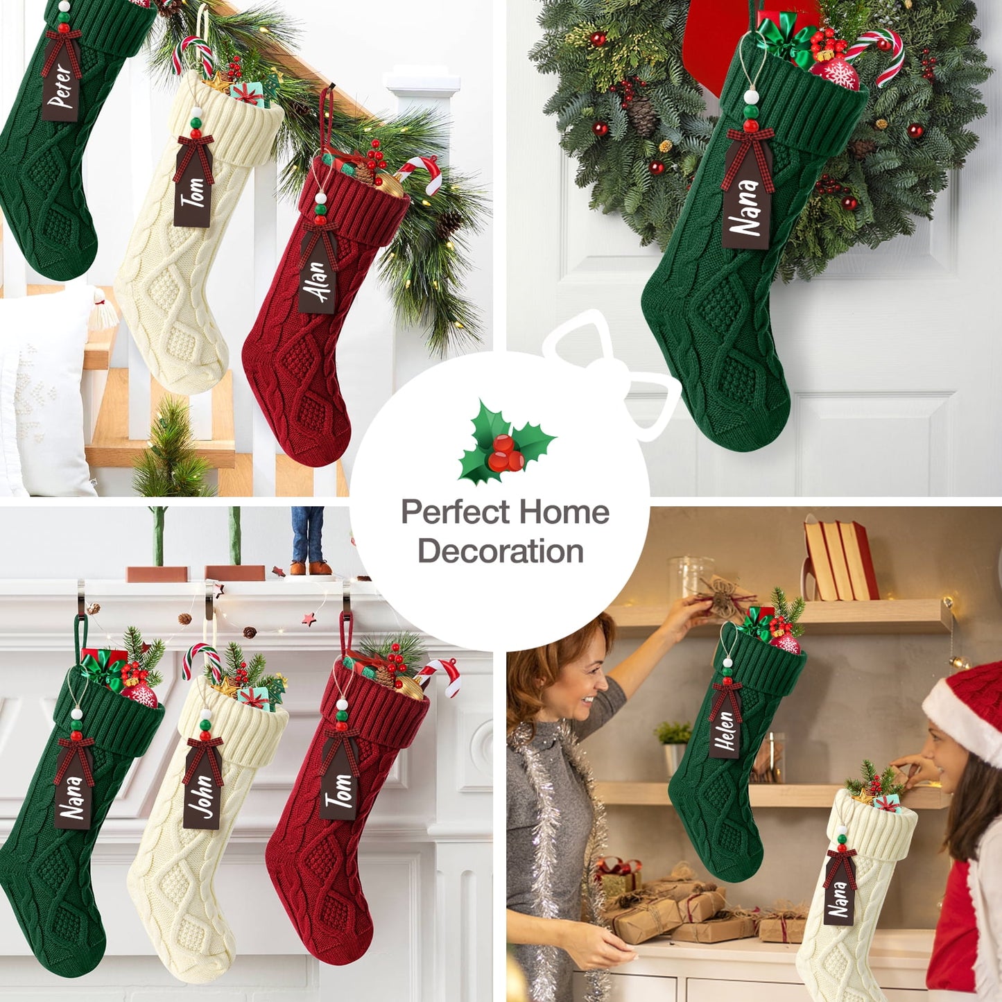 Ayieyill 6Pack Christmas Stockings, 17.7Inches Large Knitted Stocking Personalized Xmas Hanging Stocking Decorations with Name Leather Patches for Holiday Christmas Party Family Decor (Green Red)