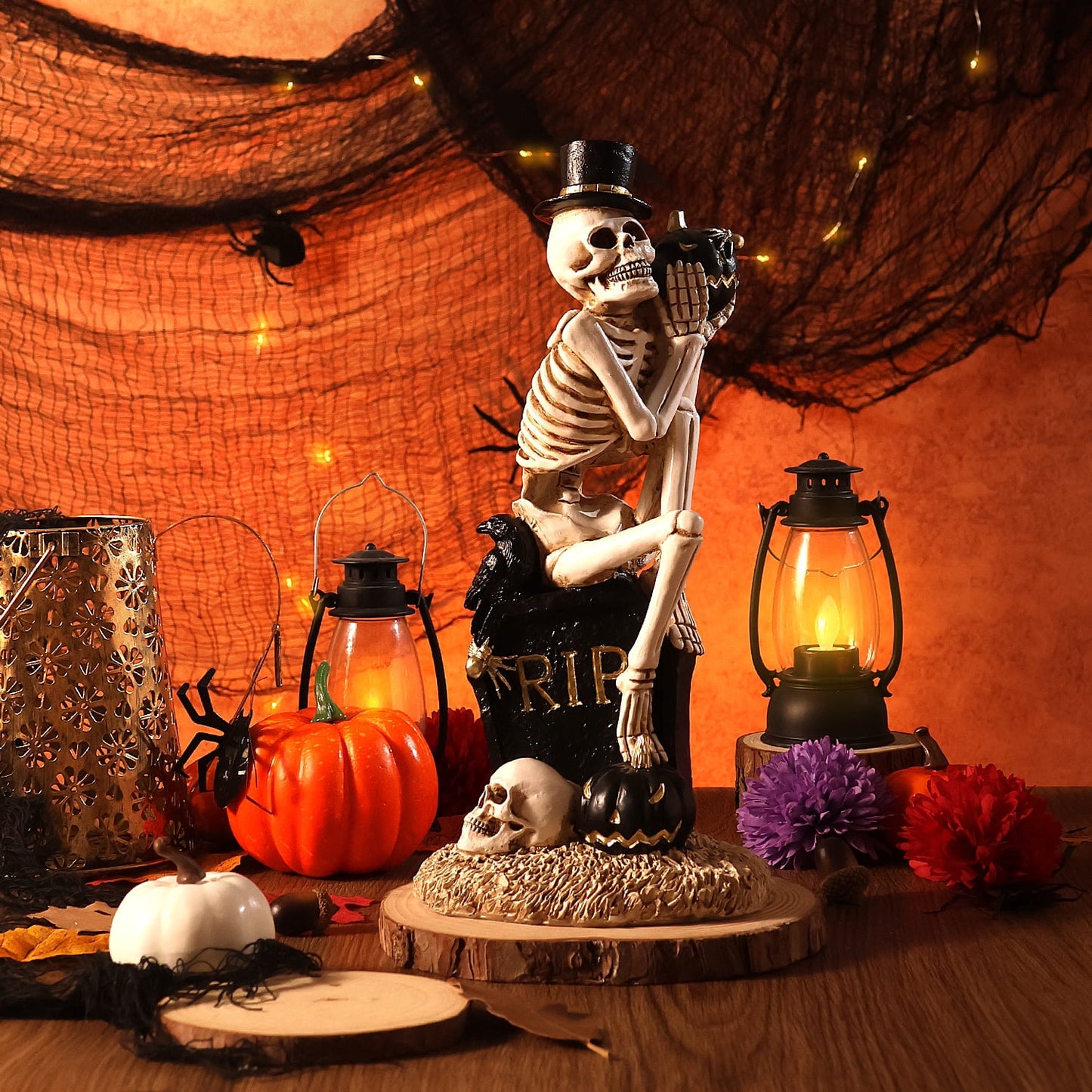Ayieyill Halloween Skeleton Decorations, Skeleton Figurines on Pumpkin, Halloween Decorations Indoor