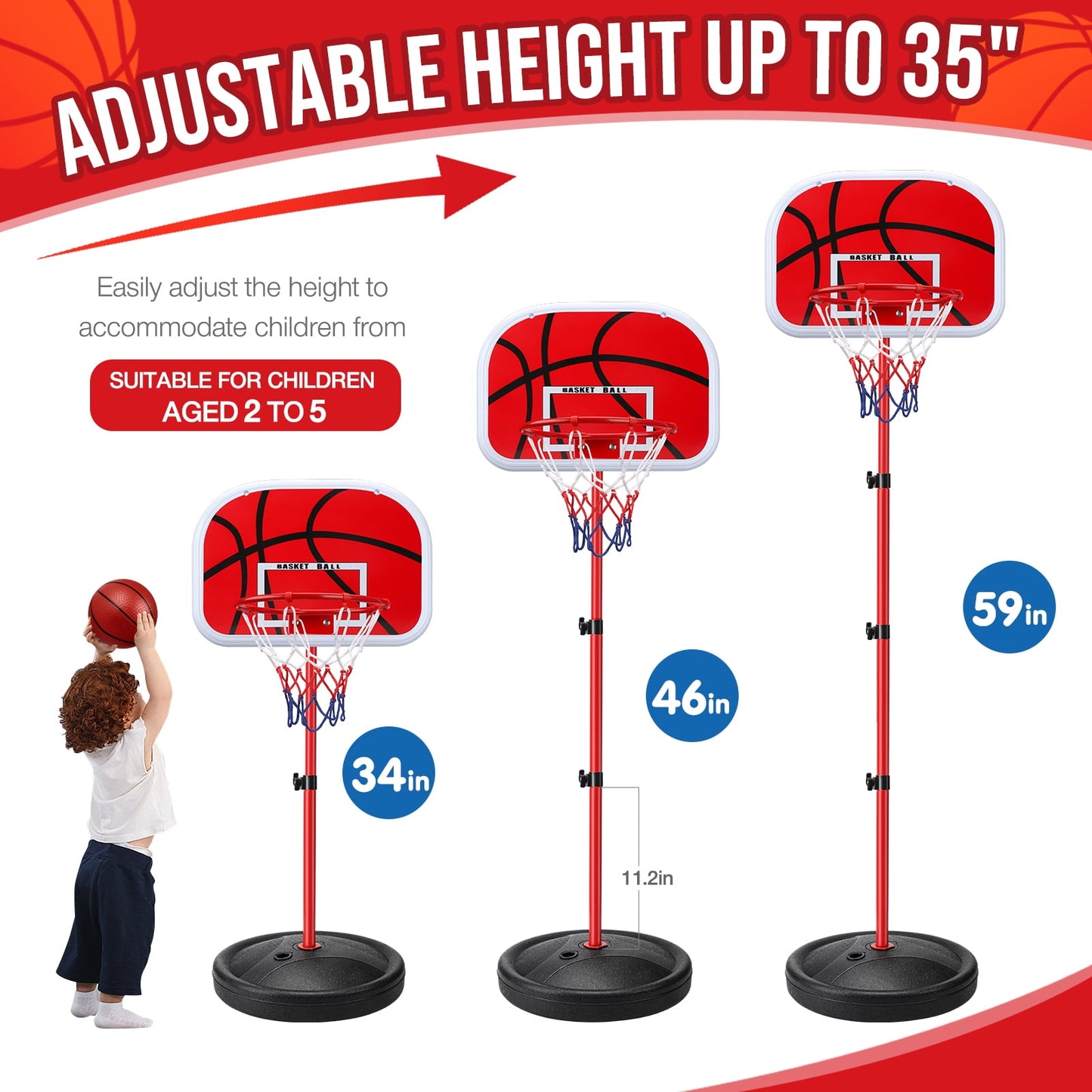 Ayieyill Kids Basketball Hoop, Basketball Hoop Indoor Adjustable Height 2.8-5 FT - Toddler Basketball Hoop - Basketball Goals Indoor Outdoor Play