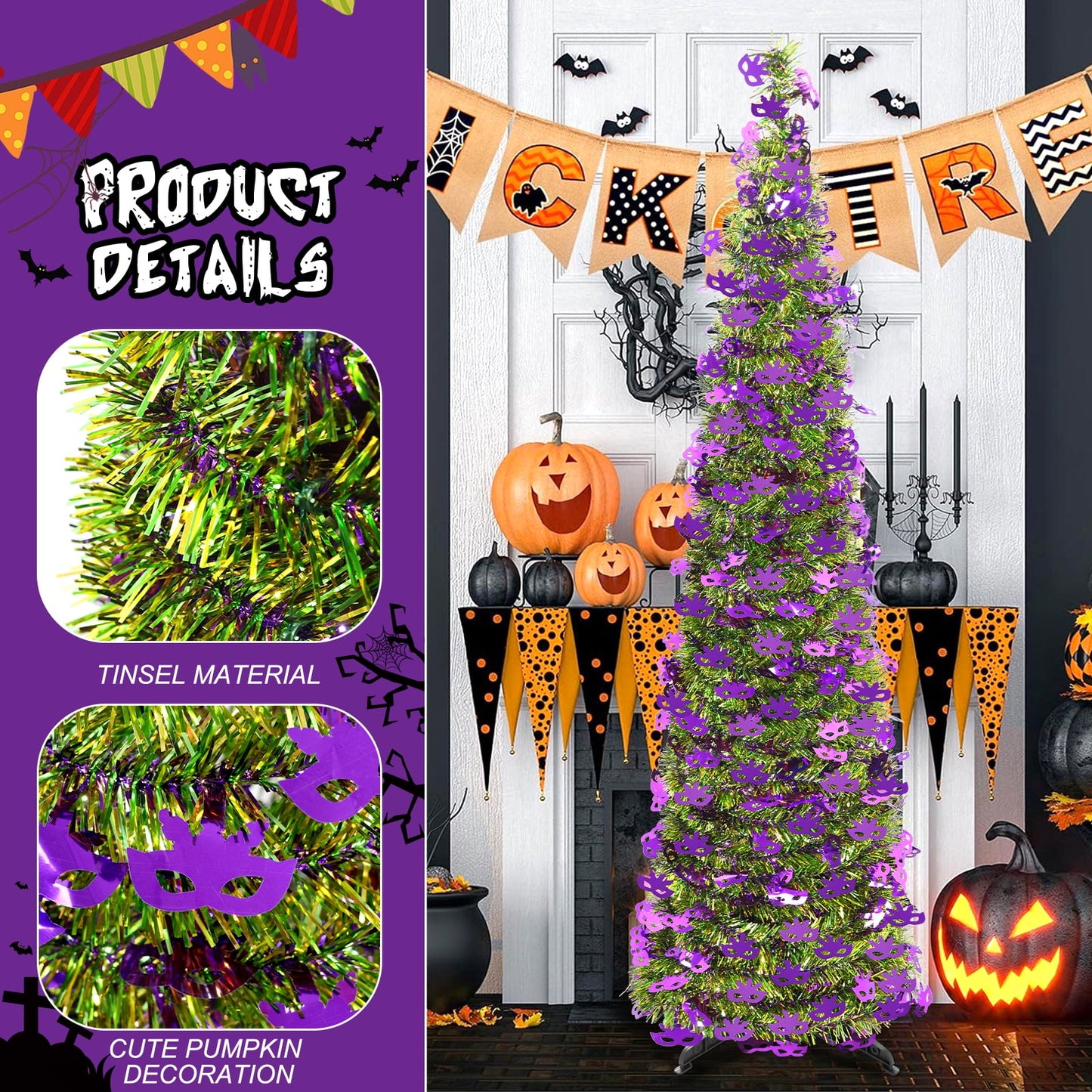Ayieyill 5ft Halloween Tree Prelit, Pencil Pop up Tree with Light Halloween Decoration | Indoor