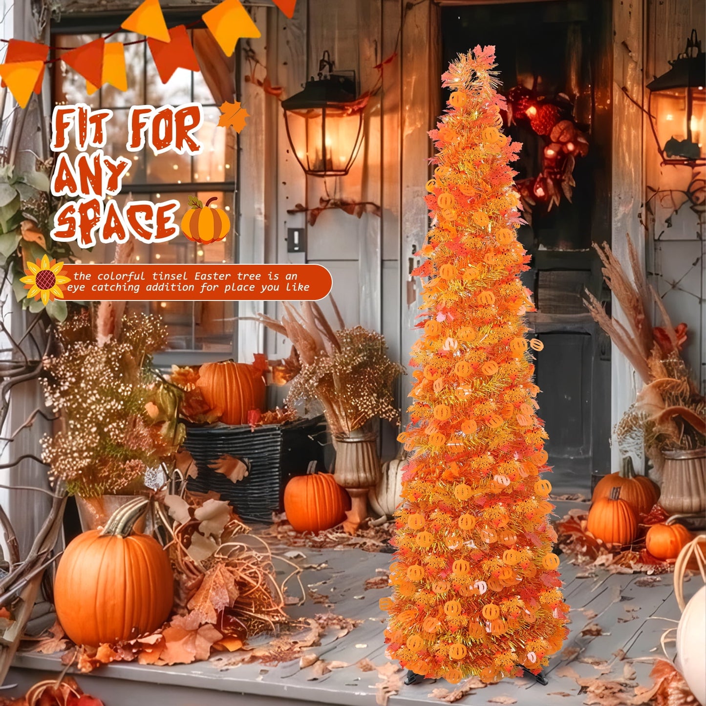 Ayieyill 5Ft Fall Tree Pop up Pencil Tree Collapsible Maple Tree for Indoor Outdoor Thanksgiving Decorations Autumn Harvest