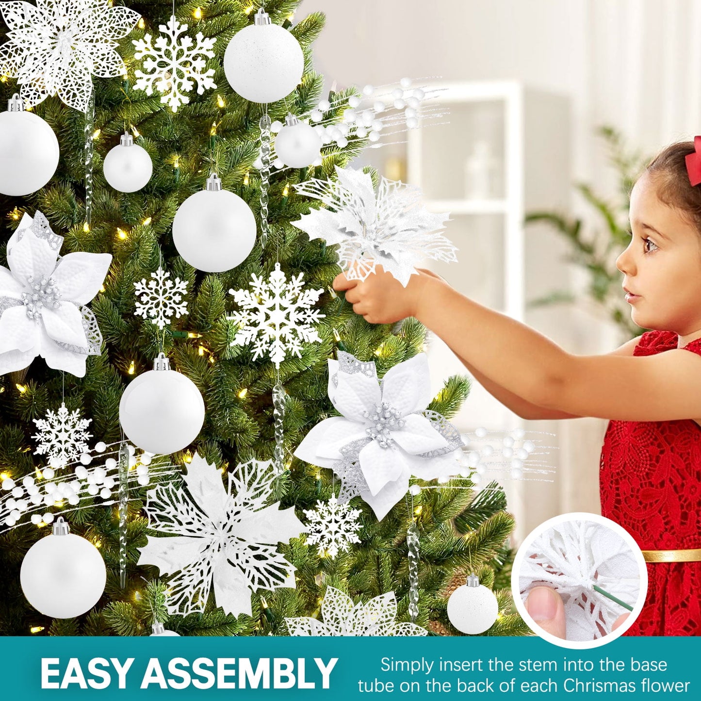 Ayieyill 92Pcs Christmas Tree Decorations Includes Poinsettia Christmas Flowers, Ball Ornaments, Artificial Glitter Berry Stems, Snowflake and Icicle Drop Crystal Ornaments