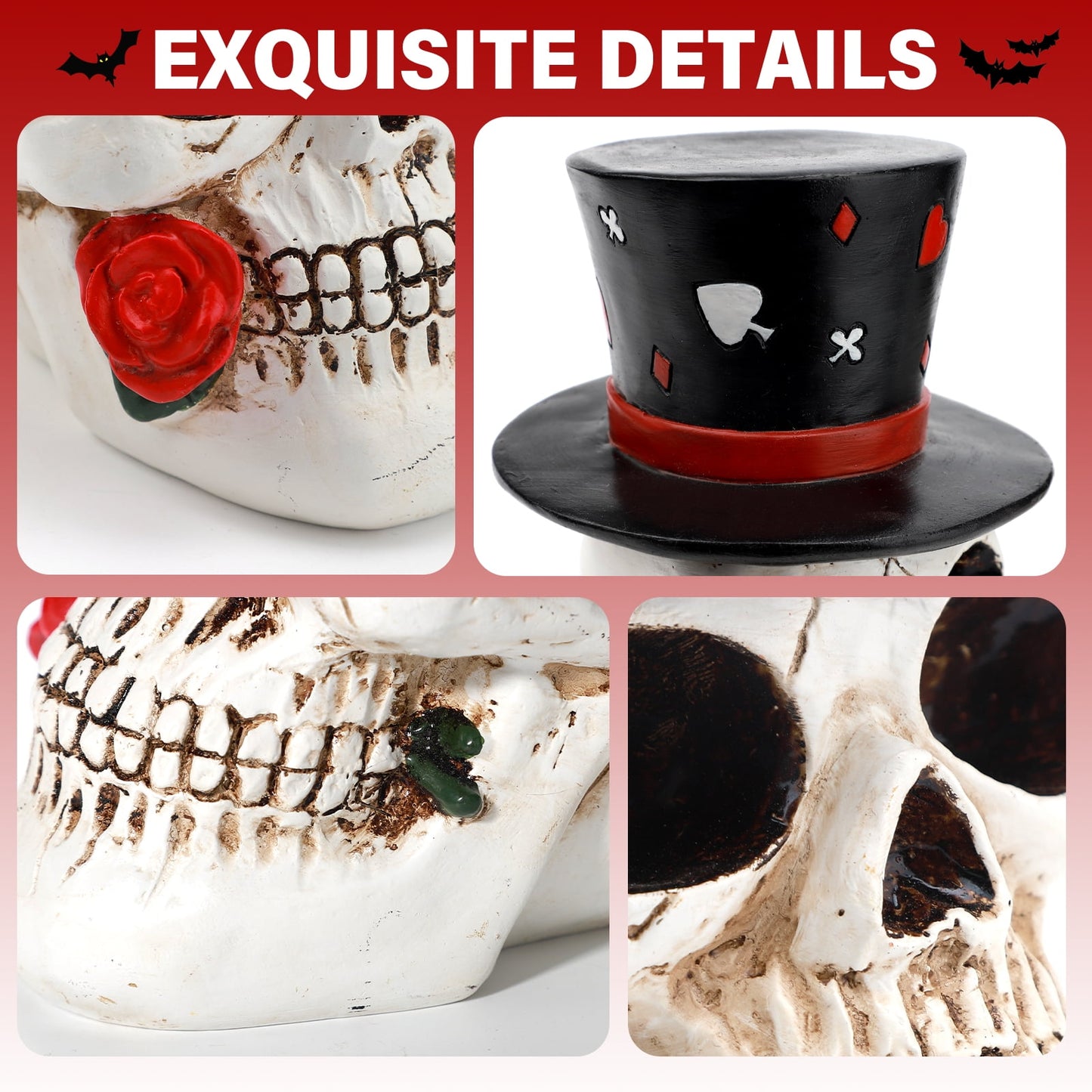 Ayieyill Halloween Skull Decorations Indoor, Gothic Decor Skull  with Top Hat Rose and Playing Cards, Resin Skull Head Decor