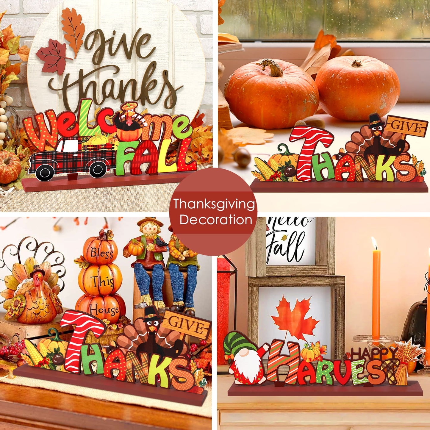 Ayieyill 3pcs Thanksgiving Decorations Indoor, Thanksgiving Table Decor | Turkey Pumpkin | Wooden Signs Decor