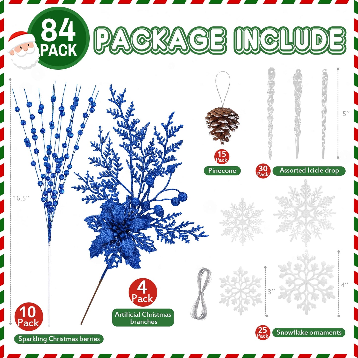 Ayieyill 84Pcs Christmas Tree Decorations Flowers, Artificial Glitter Berry Stems Christmas Pine Cones, Snowflake Icicle Drop Crystal Ornaments