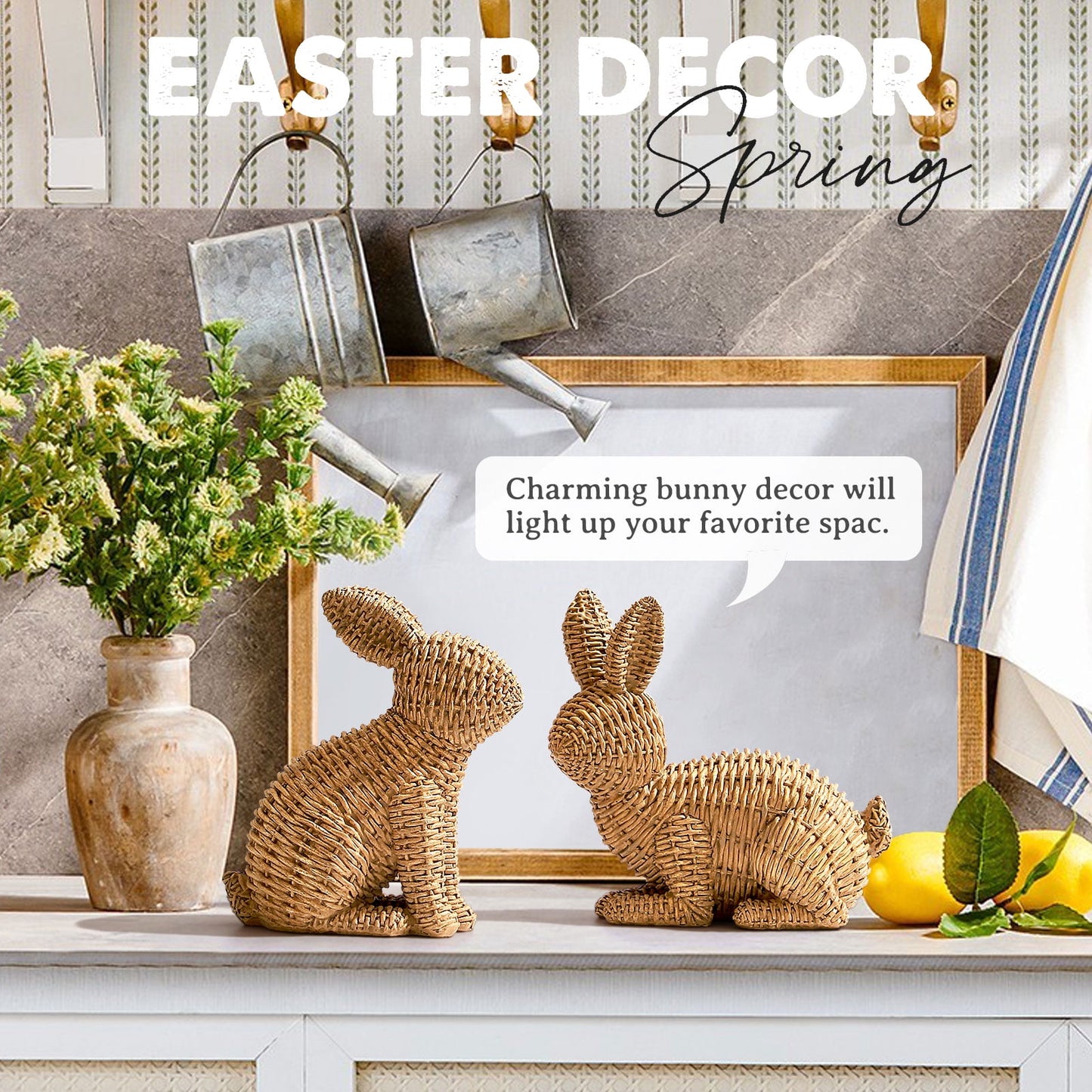 Ayieyill 2 Pcs Easter Rabbit Decor, Easter Rattan Bunny Resin Ornaments for Home Courtyard Tabletop to Enhance The Easter Atmosphere
