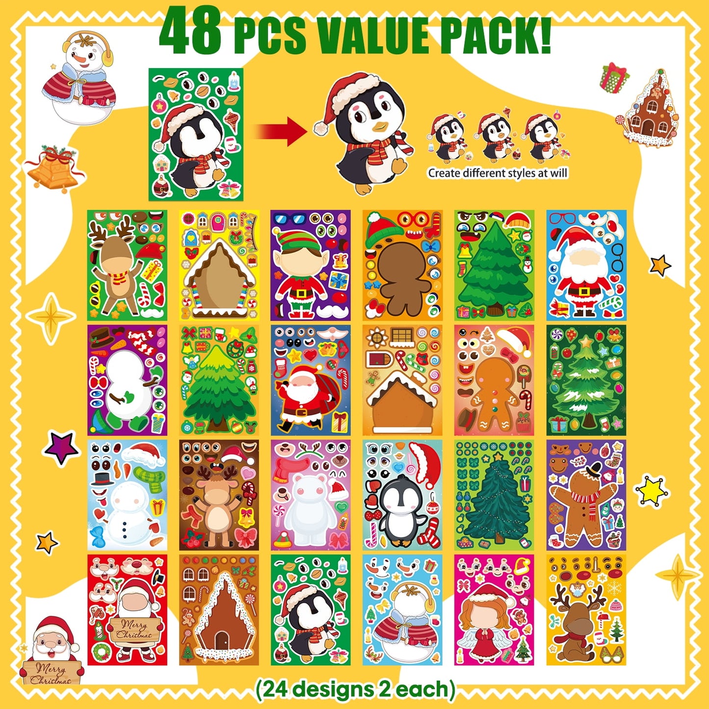 Ayieyill 48PCS Christmas Make A Face Stickers for Kids, DIY Christmas Sticker Sheets for Goodie Bag Stuffers and Party Favors