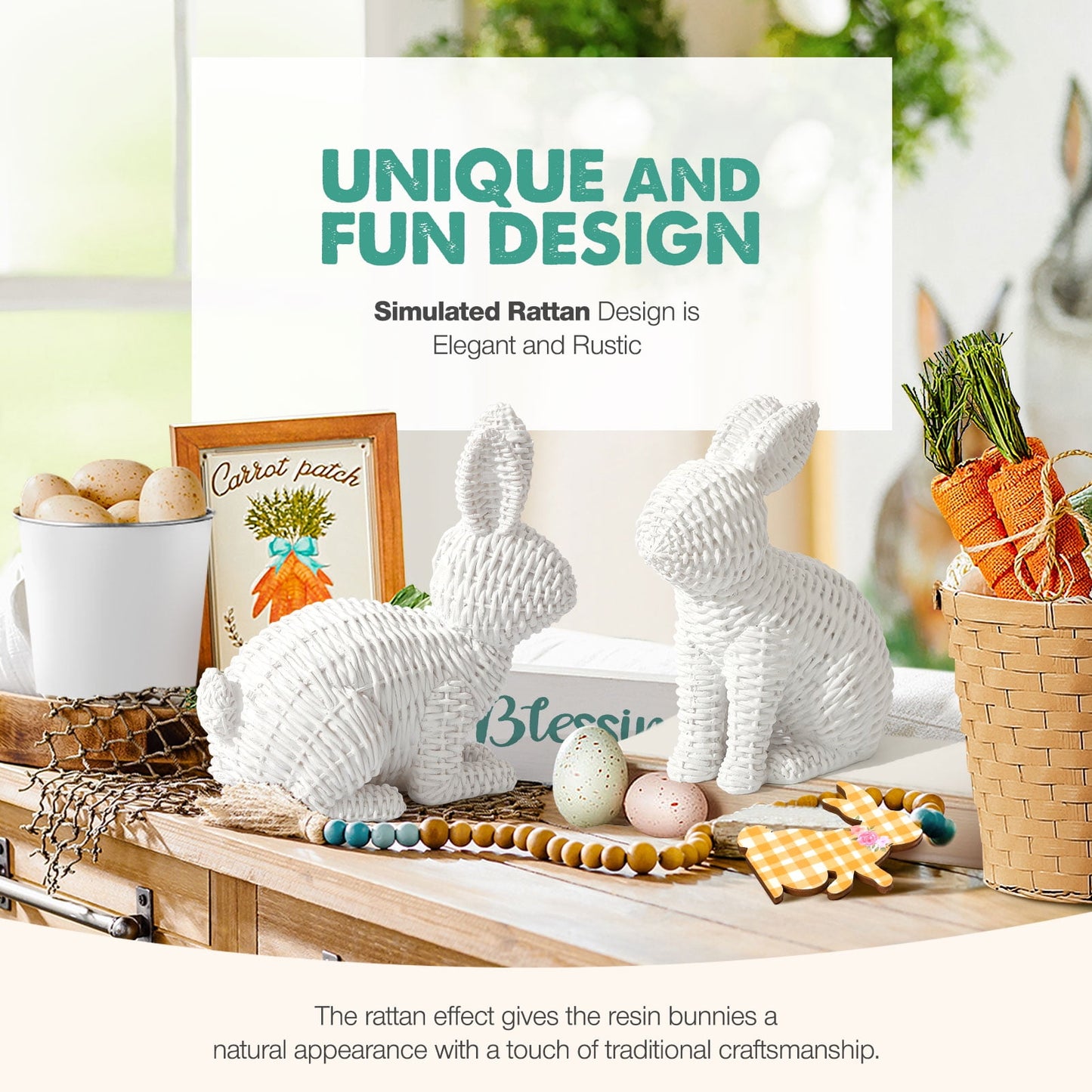 Ayieyill 2 Pcs Easter Rabbit Decor, Easter Rattan Bunny Resin Ornaments for Home Courtyard Tabletop to Enhance The Easter Atmosphere