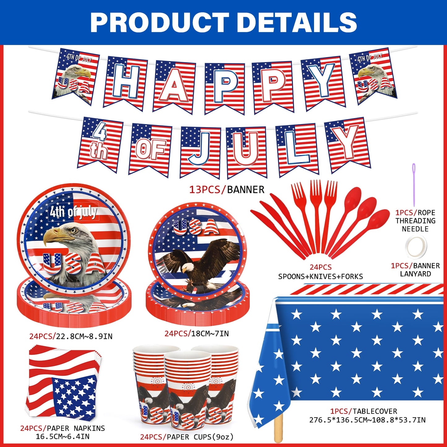 Ayieyill 170Pcs 4th of July Decorations Party Supplies, Fourth of July Decorations, Independence Day Party Serves 24