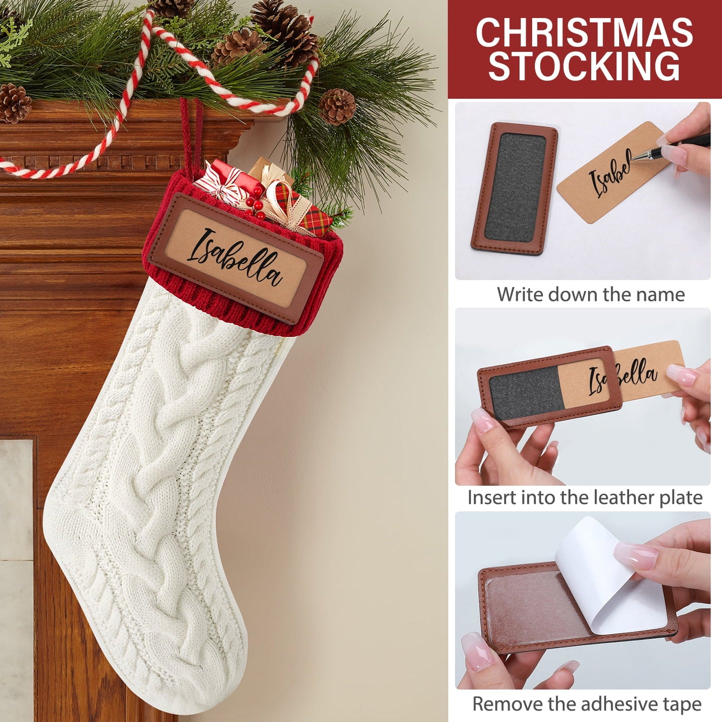 Ayieyill 6Pack Christmas Stockings, 17.7Inches Large Knitted Stocking Personalized Xmas Hanging Stocking Decorations with Name Leather Patches for Holiday Christmas Party Family Decor (Green Red)