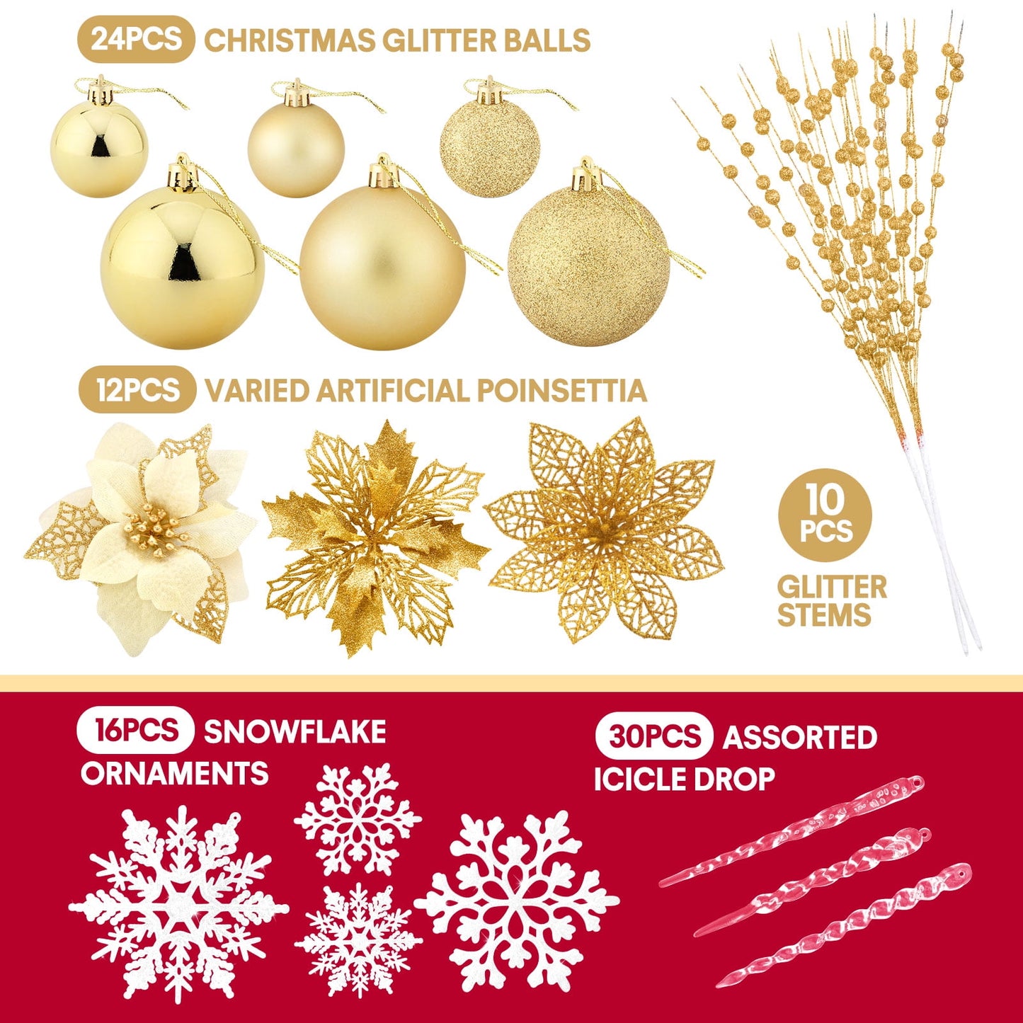 Ayieyill 92Pcs Christmas Tree Decorations Includes Poinsettia Christmas Flowers, Ball Ornaments, Artificial Glitter Berry Stems, Snowflake and Icicle Drop Crystal Ornaments