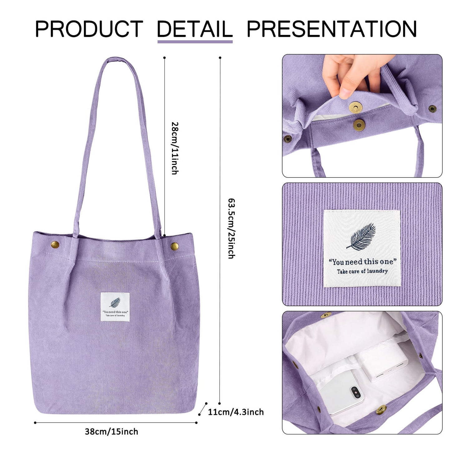 Ayieyill Corduroy Tote Bag Large for Women Girl Lady Canvas Shoulder Cord Purse and Handbags with Inner Pocket