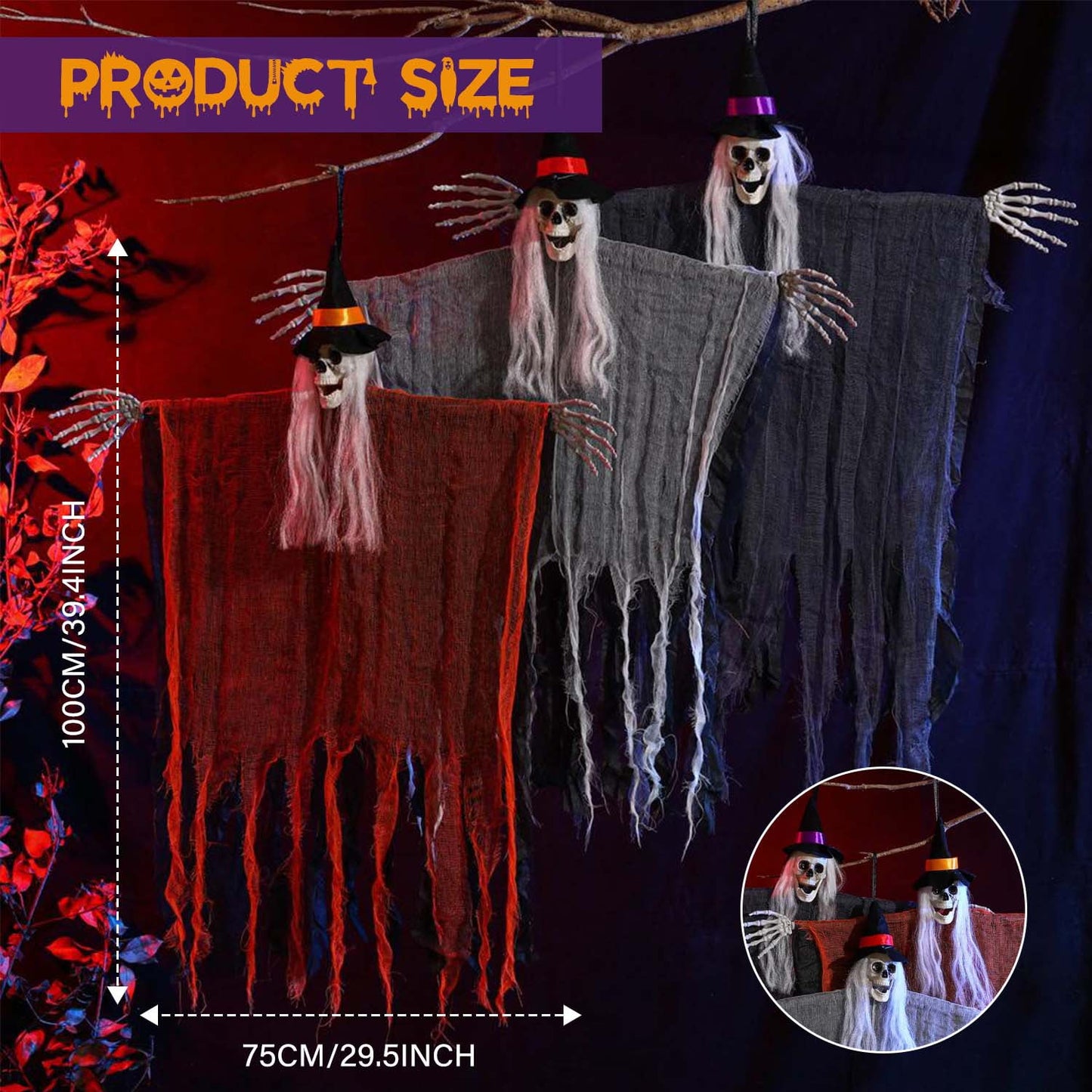 Ayieyill 3pcs Halloween Hanging Ghosts, Halloween Decorations Outdoor Indoor Scary Skeleton Ghosts, Haunted House Props