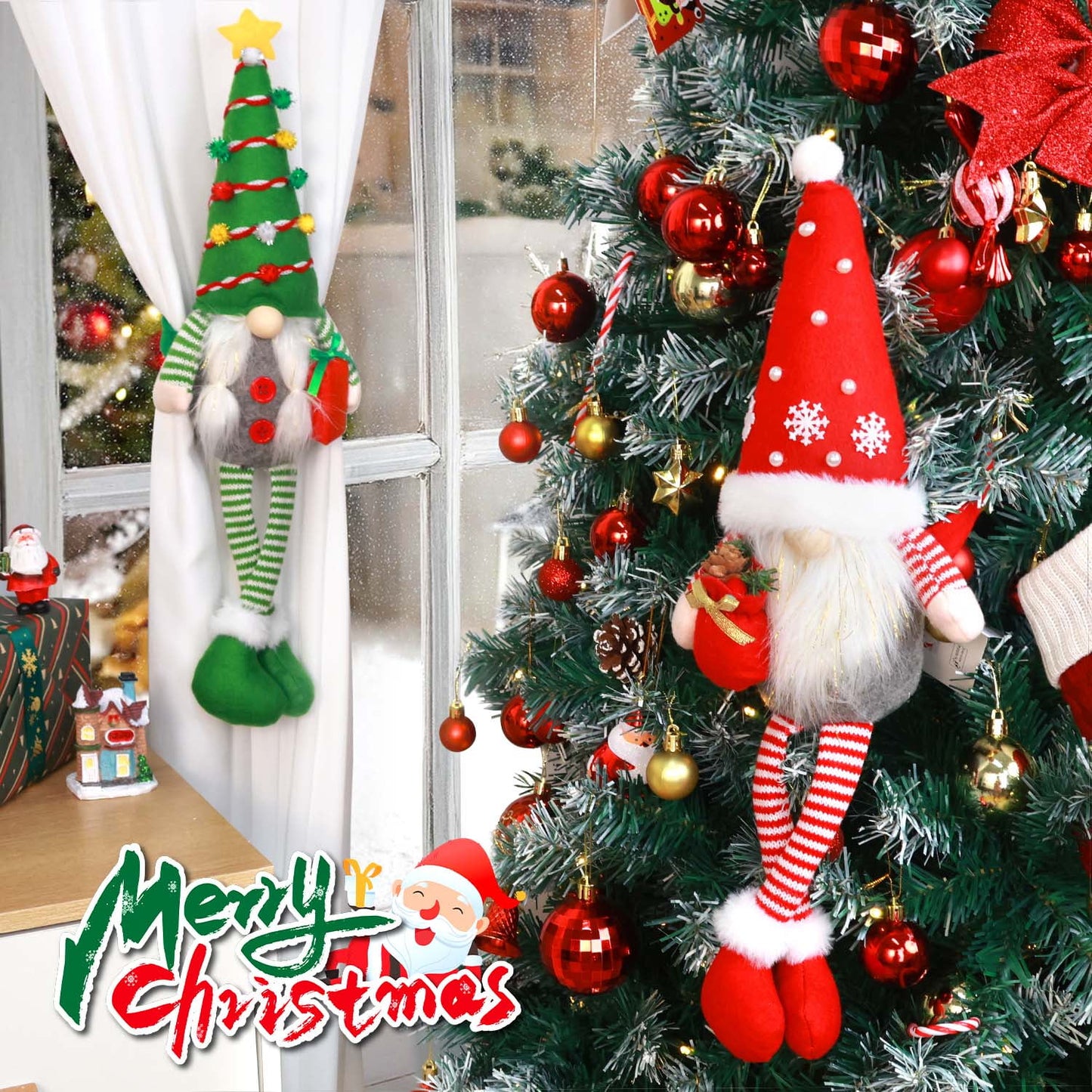 Ayieyill 2Pcs Christmas Elf Plush Dolls, 19" Buckle Curtain Christmas Ornaments Decor, Christmas Gnomes Cute Plush Toys Christmas Decorations Indoor