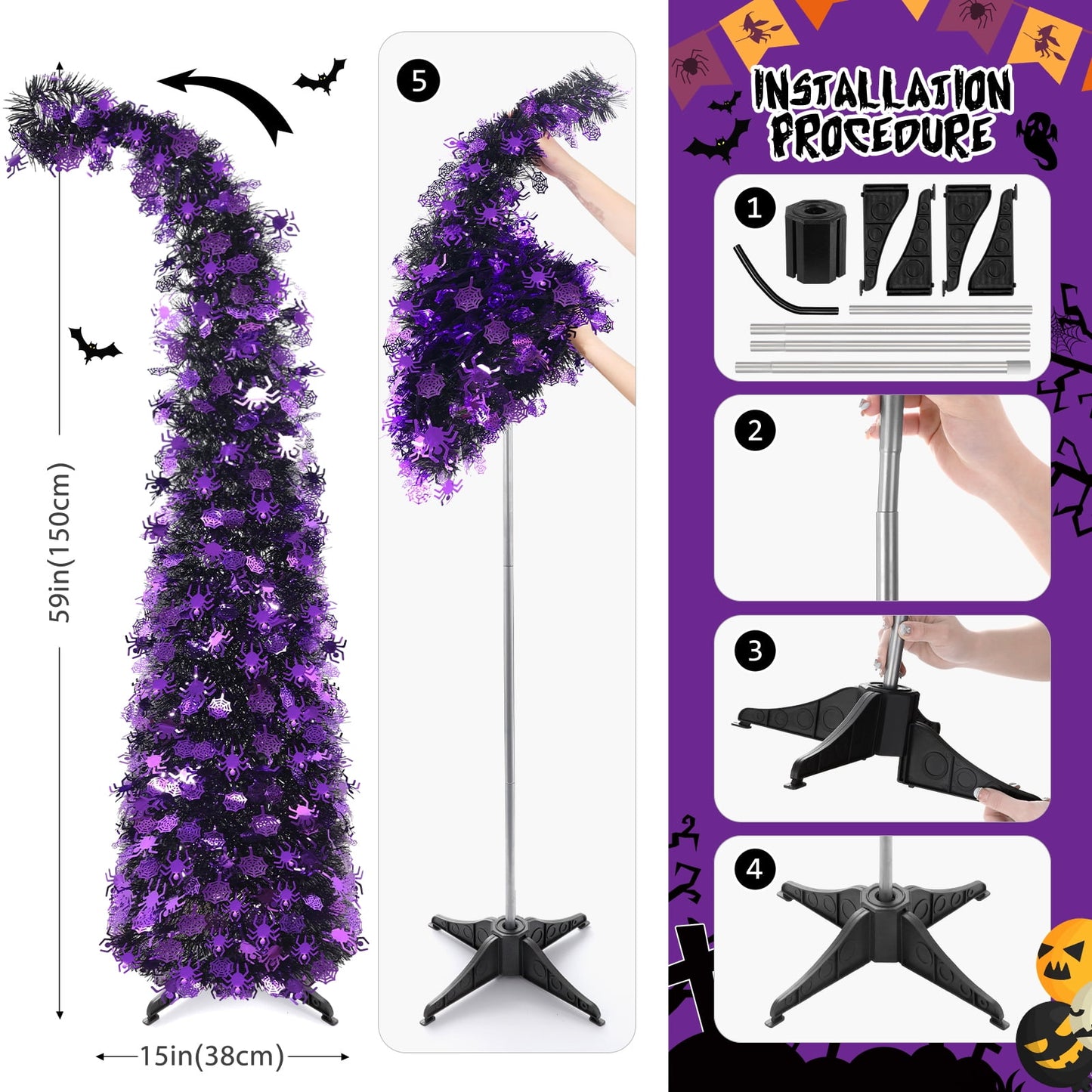Ayieyill 5ft Halloween Tree Prelit, Pencil Pop up Tree with Light Halloween Decoration | Indoor