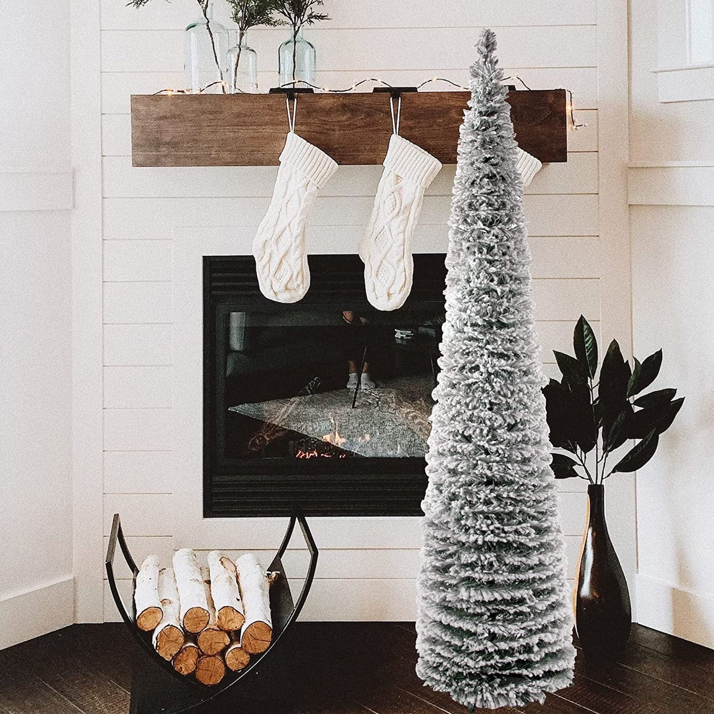 Ayieyill 5FT Pop up Christmas Tree, Snow Flocked Collapsible Christmas Tree White Flocked Pencil Pine Tree for Holiday Christmas Decorations Indoor Outdoor
