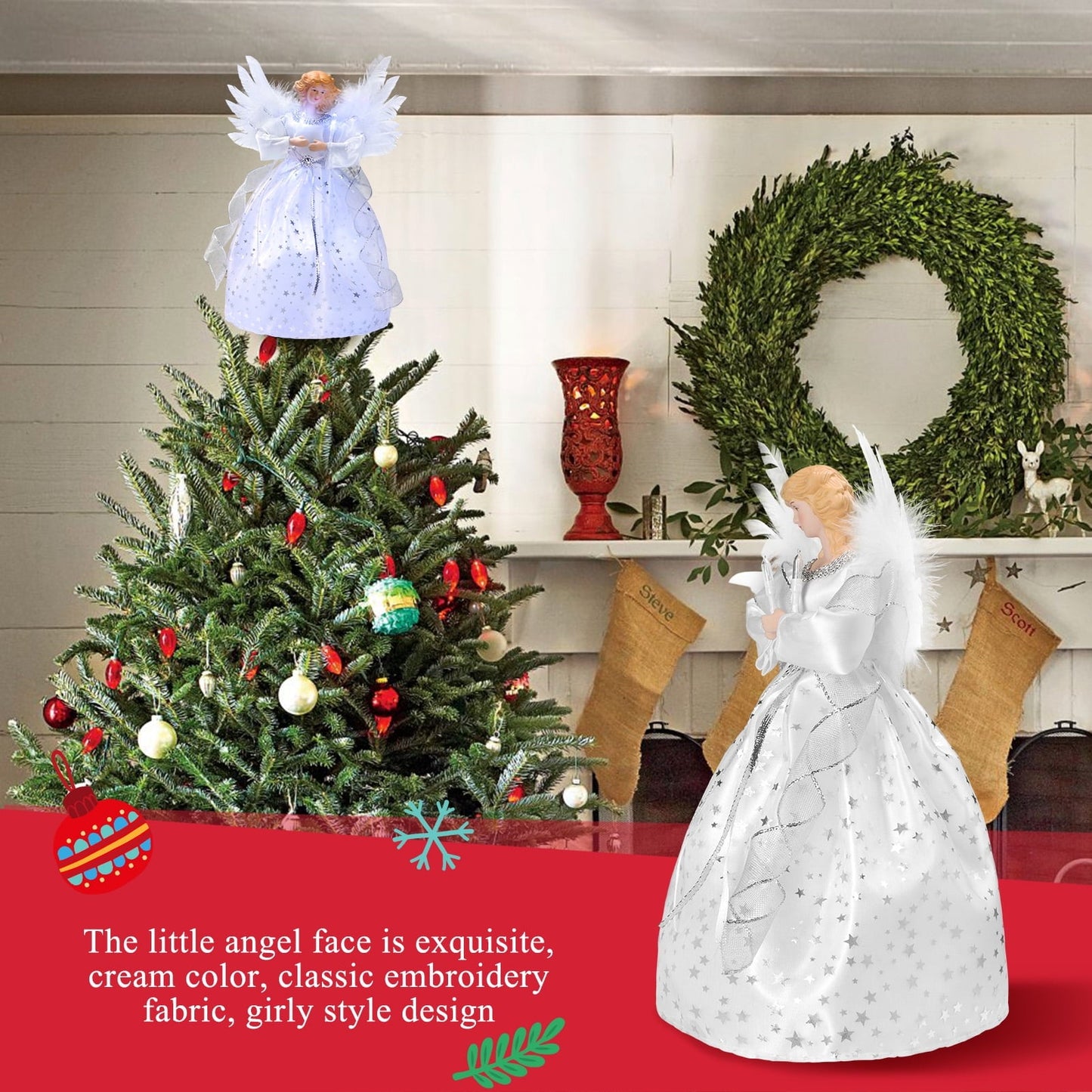 Ayieyill  Angel Treetop, 9-Inch,Lighted Silver Angel with Wings Christmas Tree Topper