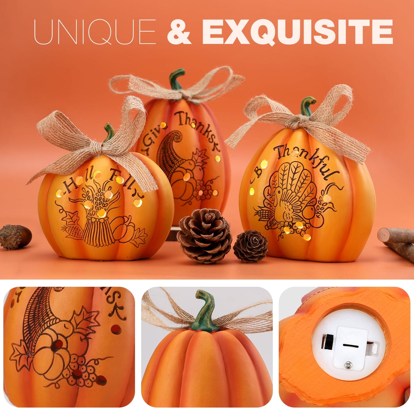 Ayieyill 3 Pcs Thanksgiving Pumpkin Set Fall Decor Resin, Fall Pumpkin Centerpiece for Thanksgiving Decorations