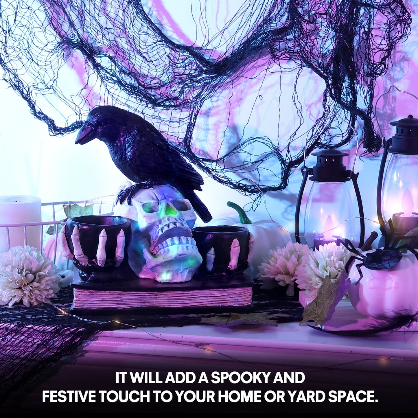 Ayieyill Halloween Skull Decorations with LED Lights, Halloween Candlesticks, Raven Decor, Halloween Decor