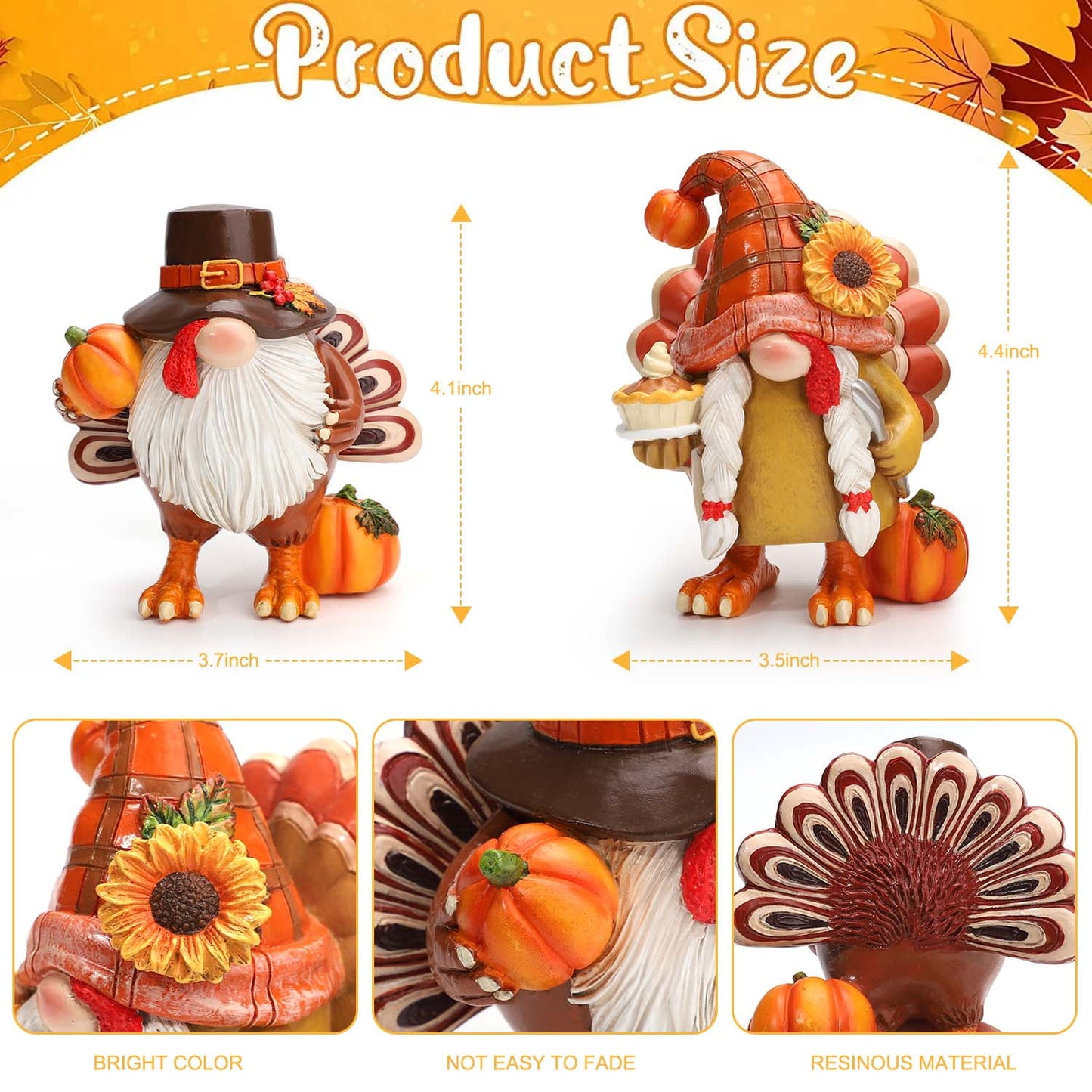 Ayieyill Thanksgiving Gnome Figurines, Turkey Thanksgiving Decorations, 2 Pcs, Resin