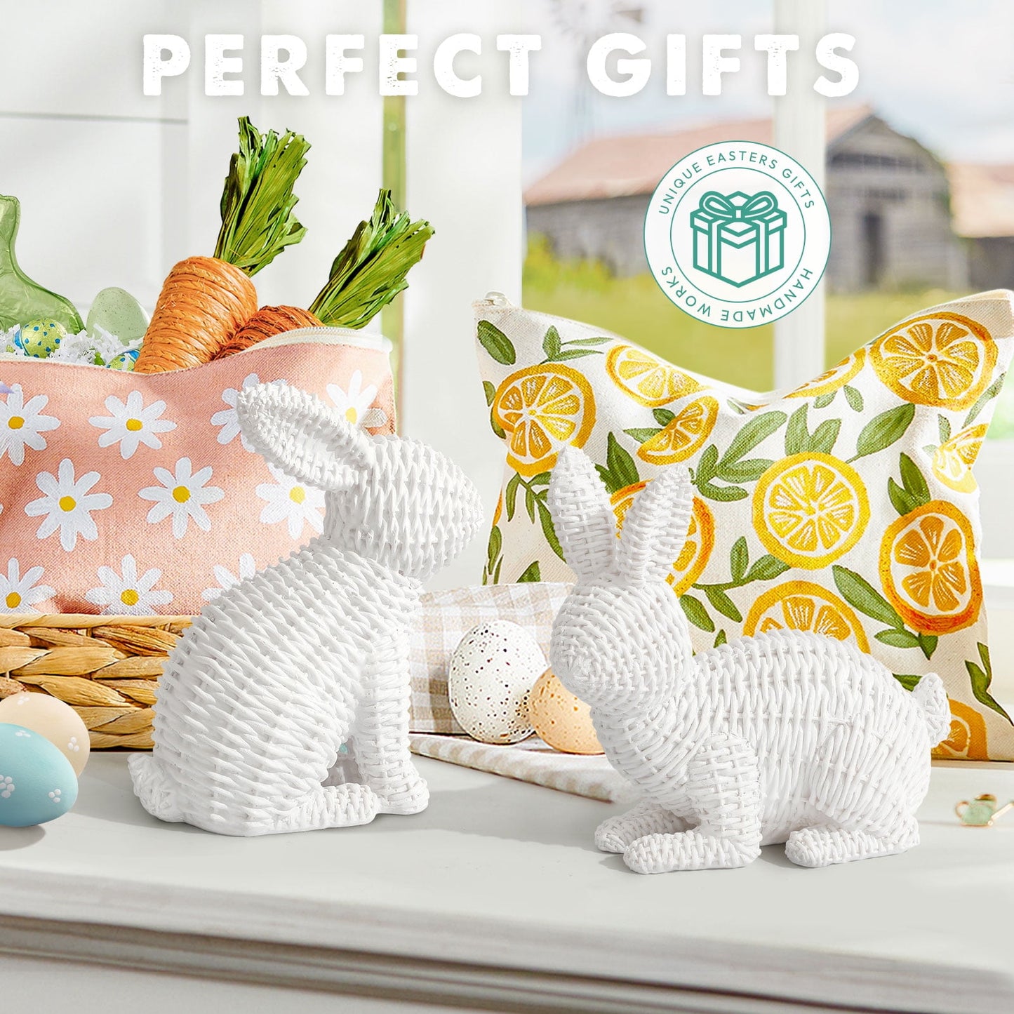 Ayieyill 2 Pcs Easter Rabbit Decor, Easter Rattan Bunny Resin Ornaments for Home Courtyard Tabletop to Enhance The Easter Atmosphere