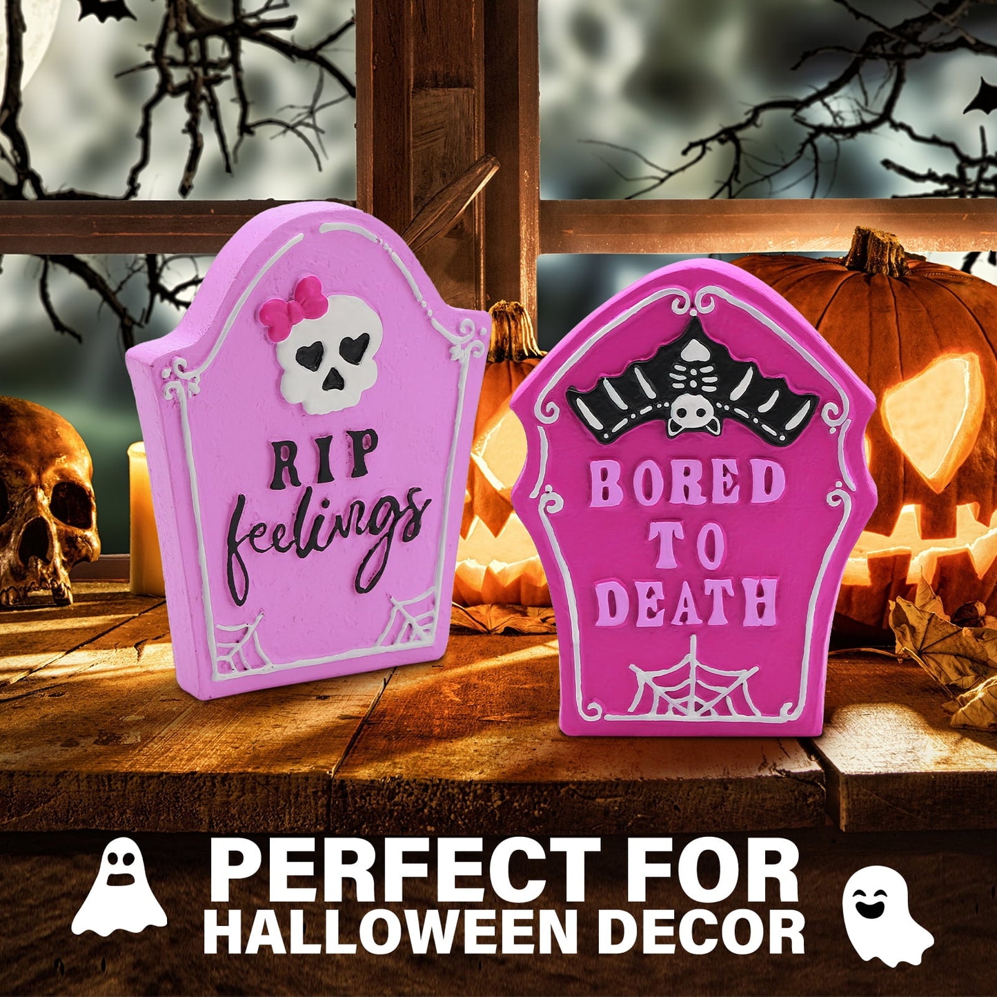Ayieyill 2pcs Halloween Tombstones Decorations Halloween Figurines Halloween Decorations Indoor, Halloween Gift, Pink