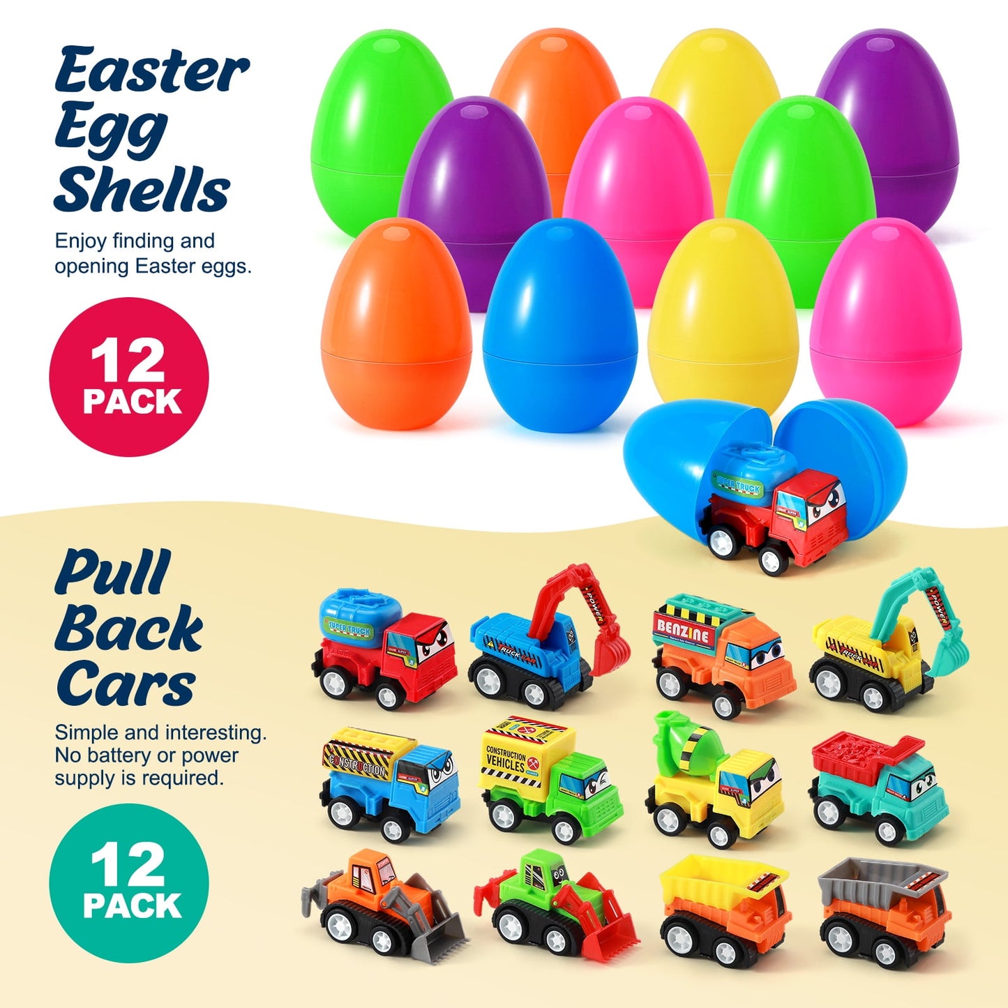 Ayieyill 12Pcs Prefilled Easter Eggs - Toy Filled Easter Eggs Filled with Pull-Back Construction Vehicles