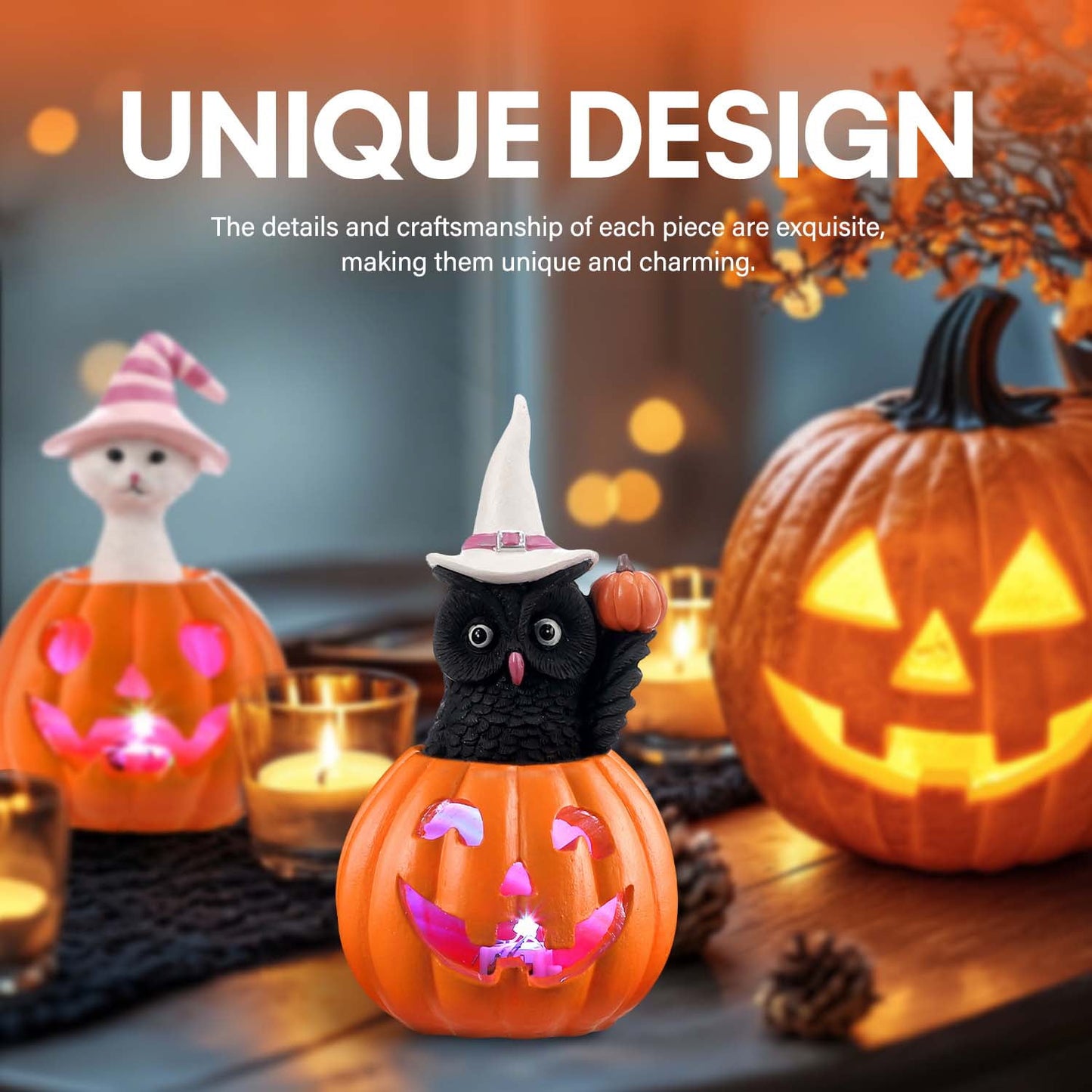 Ayieyill Halloween Figurines Set of 2, Cat and Owl on Pumpkin Decor with LED Lights for Halloween Decorations Indoor