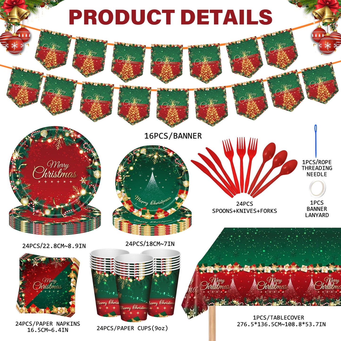 Ayieyill 170Pcs Christmas Party Supplies, Christmas Disposable Dinnerware Set for 24 Guests, Merry Christmas Theme Holiday Tableware Decorations Kit