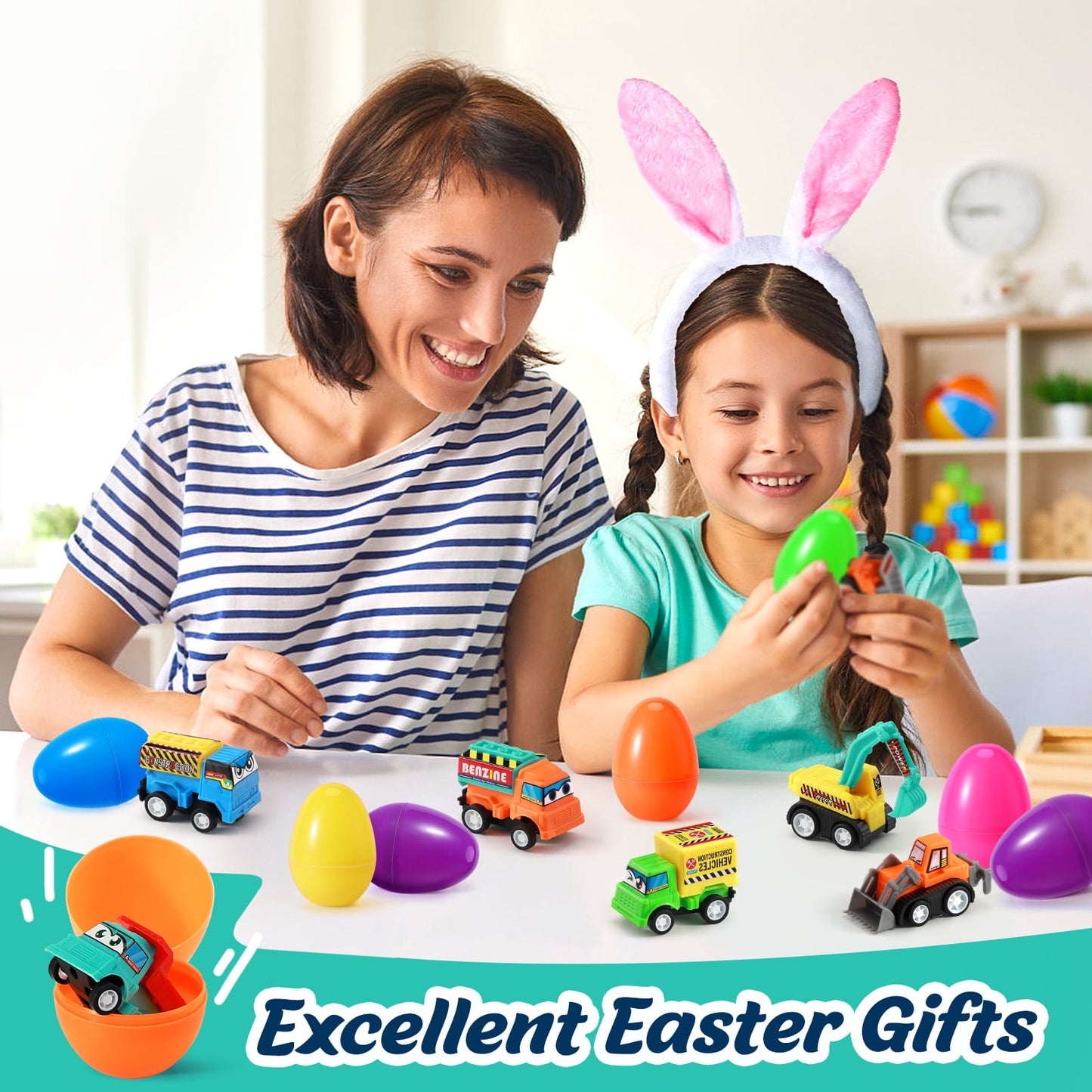Ayieyill 12Pcs Prefilled Easter Eggs - Toy Filled Easter Eggs Filled with Pull-Back Construction Vehicles
