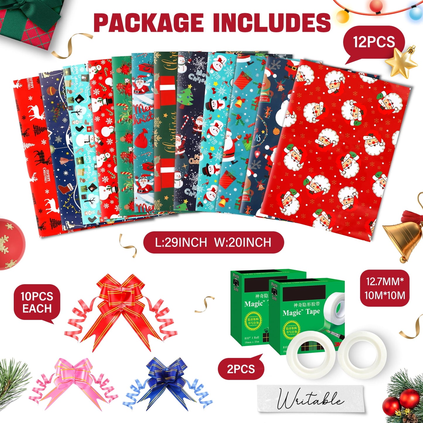 Ayieyill 12Pack Christmas Wrapping Paper Traditional Gift Wrap, Christmas Decoration