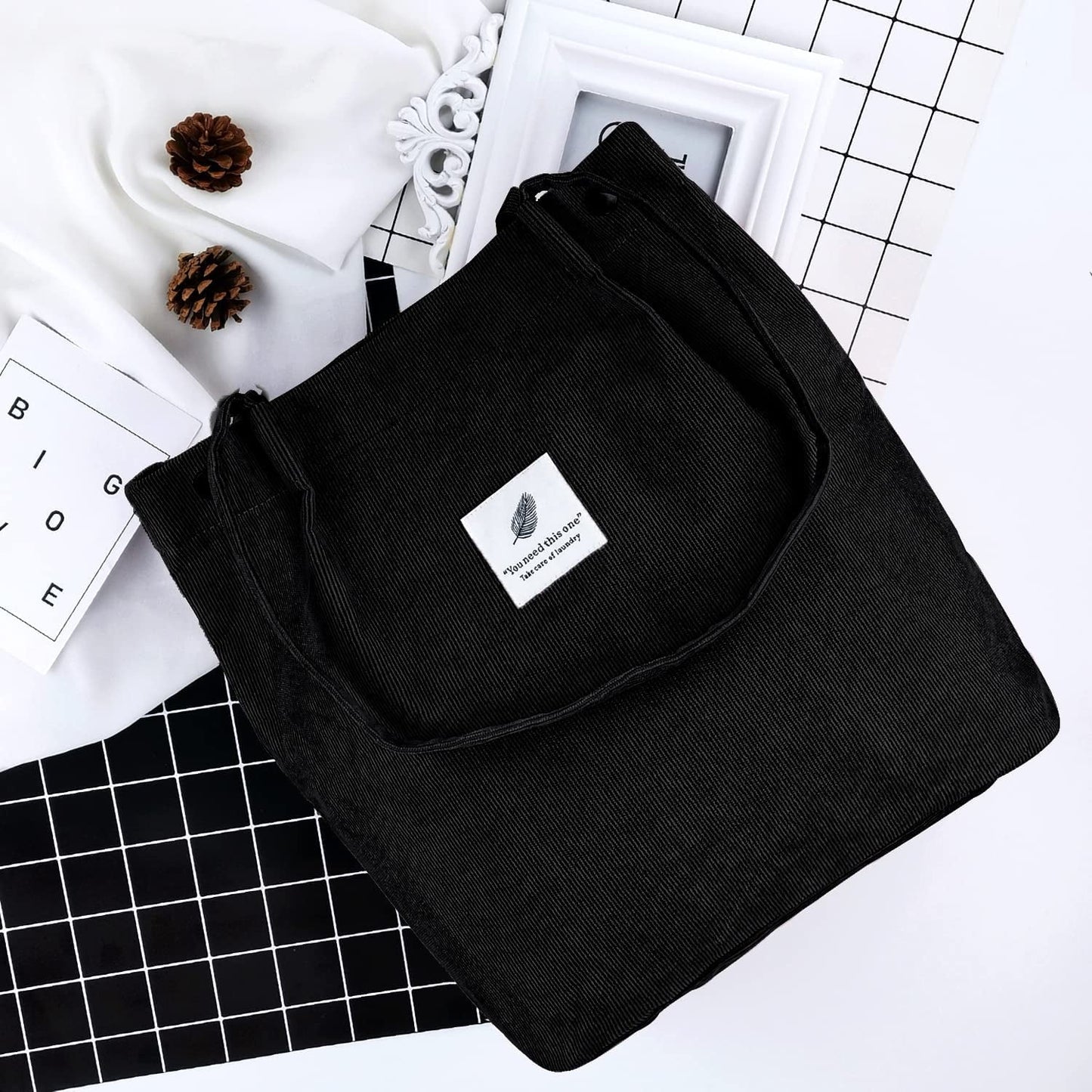 Ayieyill Corduroy Tote Bag Large for Women Girl Lady Canvas Shoulder Cord Purse and Handbags with Inner Pocket