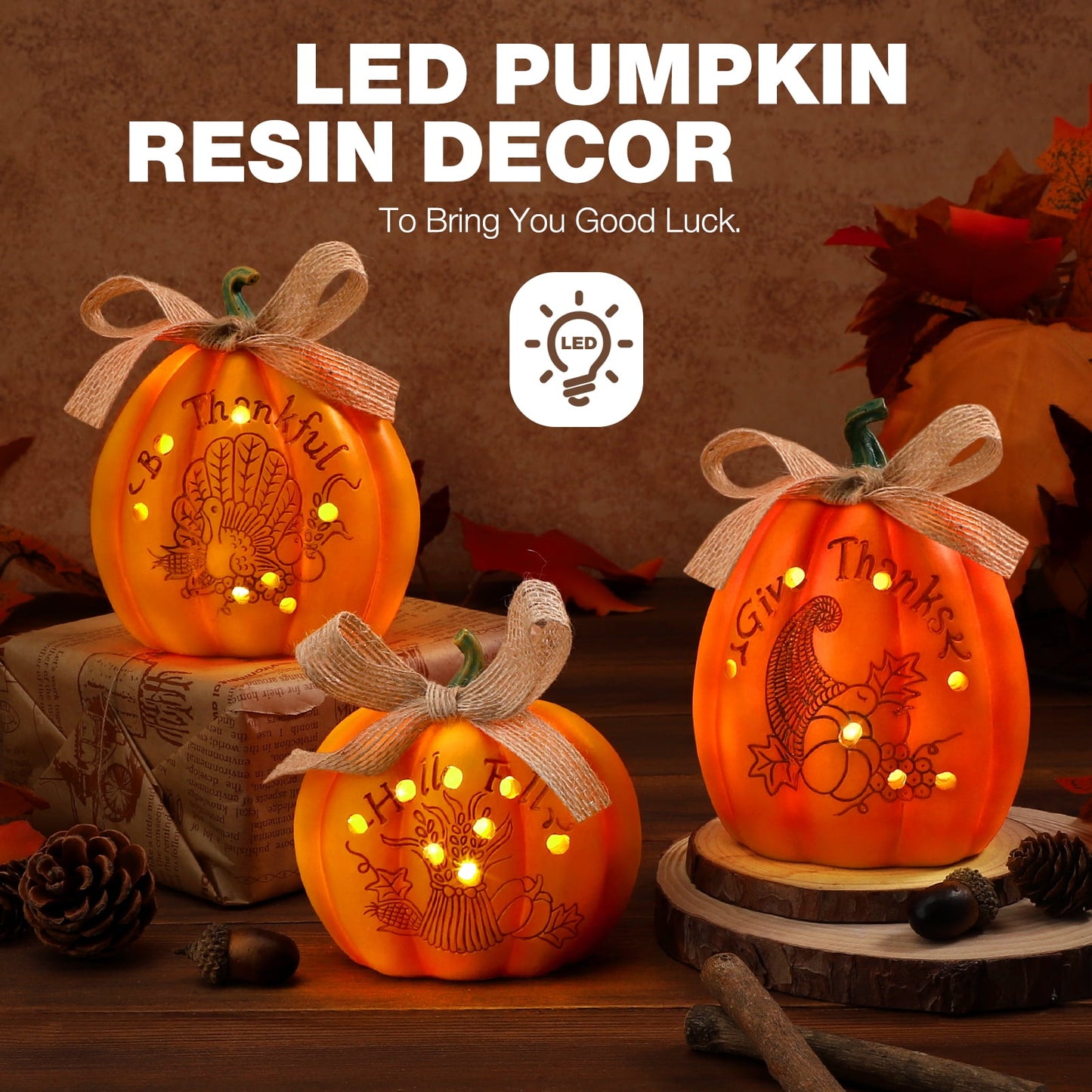 Ayieyill 3 Pcs Thanksgiving Pumpkin Set Fall Decor Resin, Fall Pumpkin Centerpiece for Thanksgiving Decorations