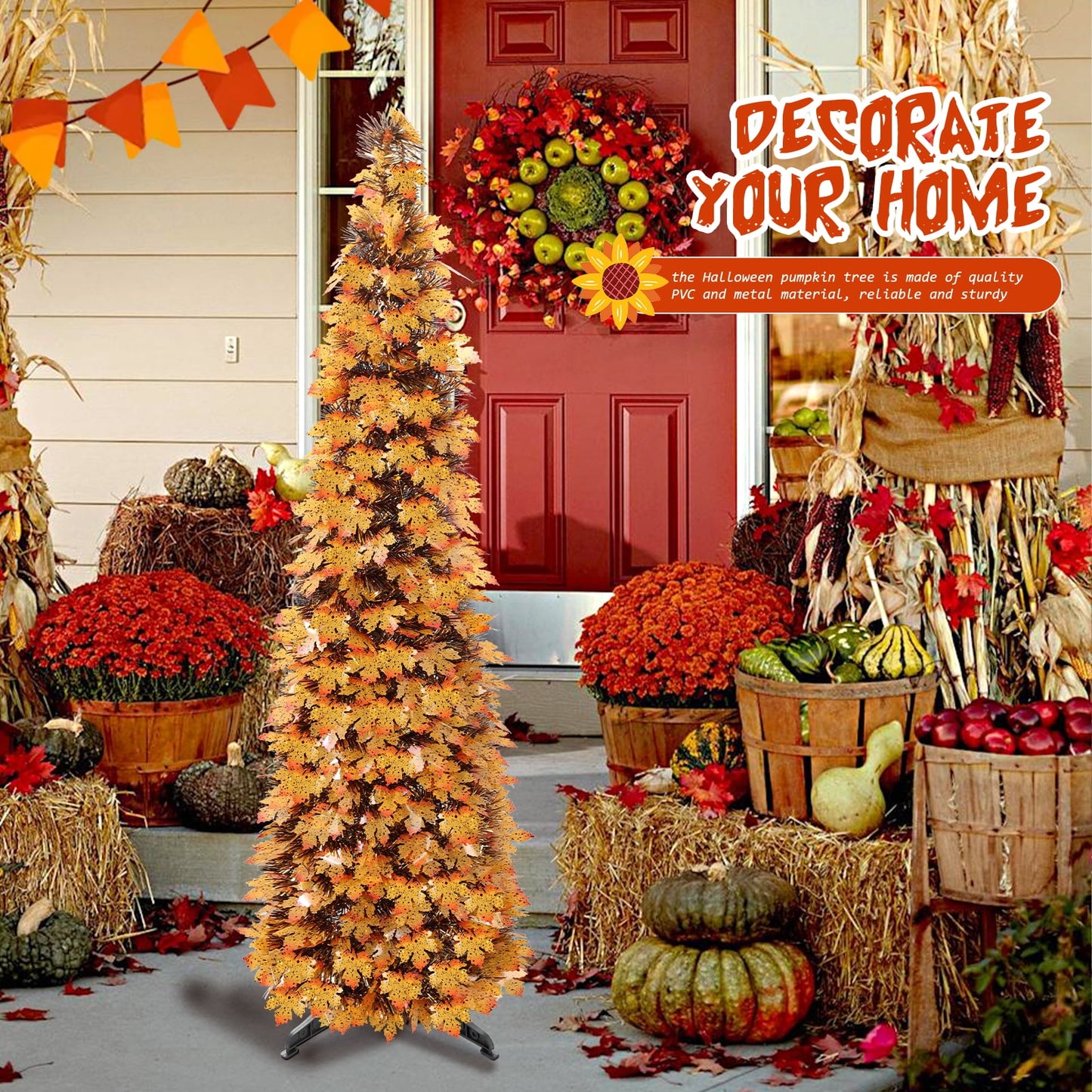 Ayieyill 5Ft Fall Tree Pop up Pencil Tree Collapsible Maple Tree for Indoor Outdoor Thanksgiving Decorations Autumn Harvest
