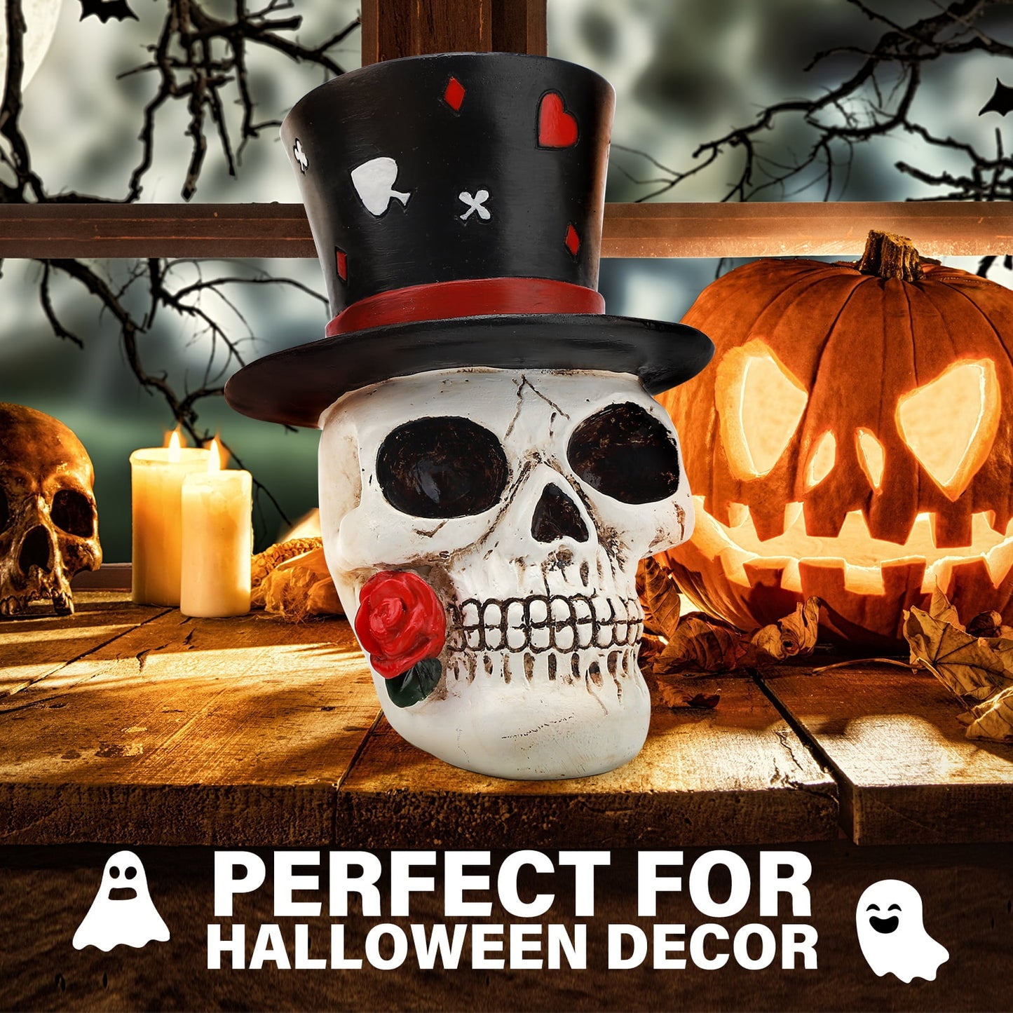 Ayieyill Halloween Skull Decorations Indoor, Gothic Decor Skull  with Top Hat Rose and Playing Cards, Resin Skull Head Decor