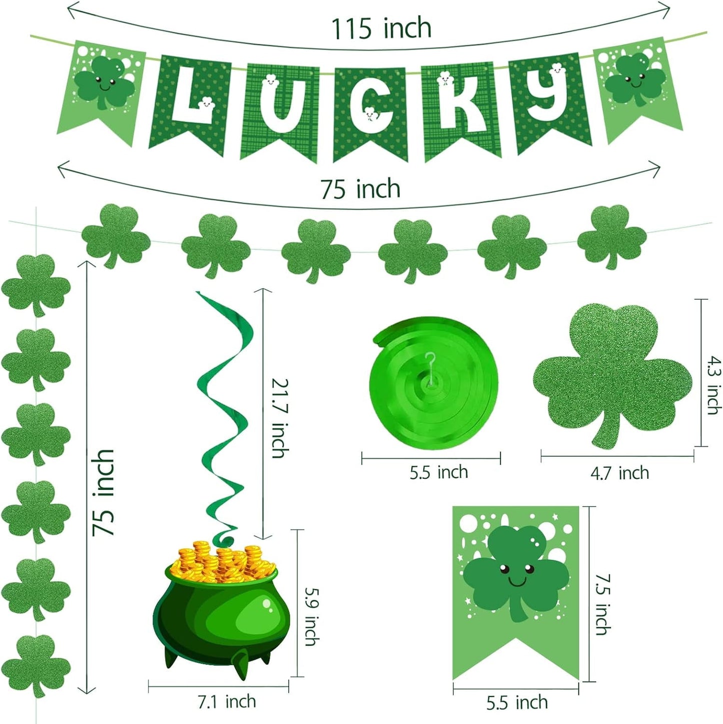 Ayieyill 21Pcs St Patricks Day Decorations Pre-assembled Shamrock LUCKY Banner Garlands Clover Hanging Swirls Irish Decor