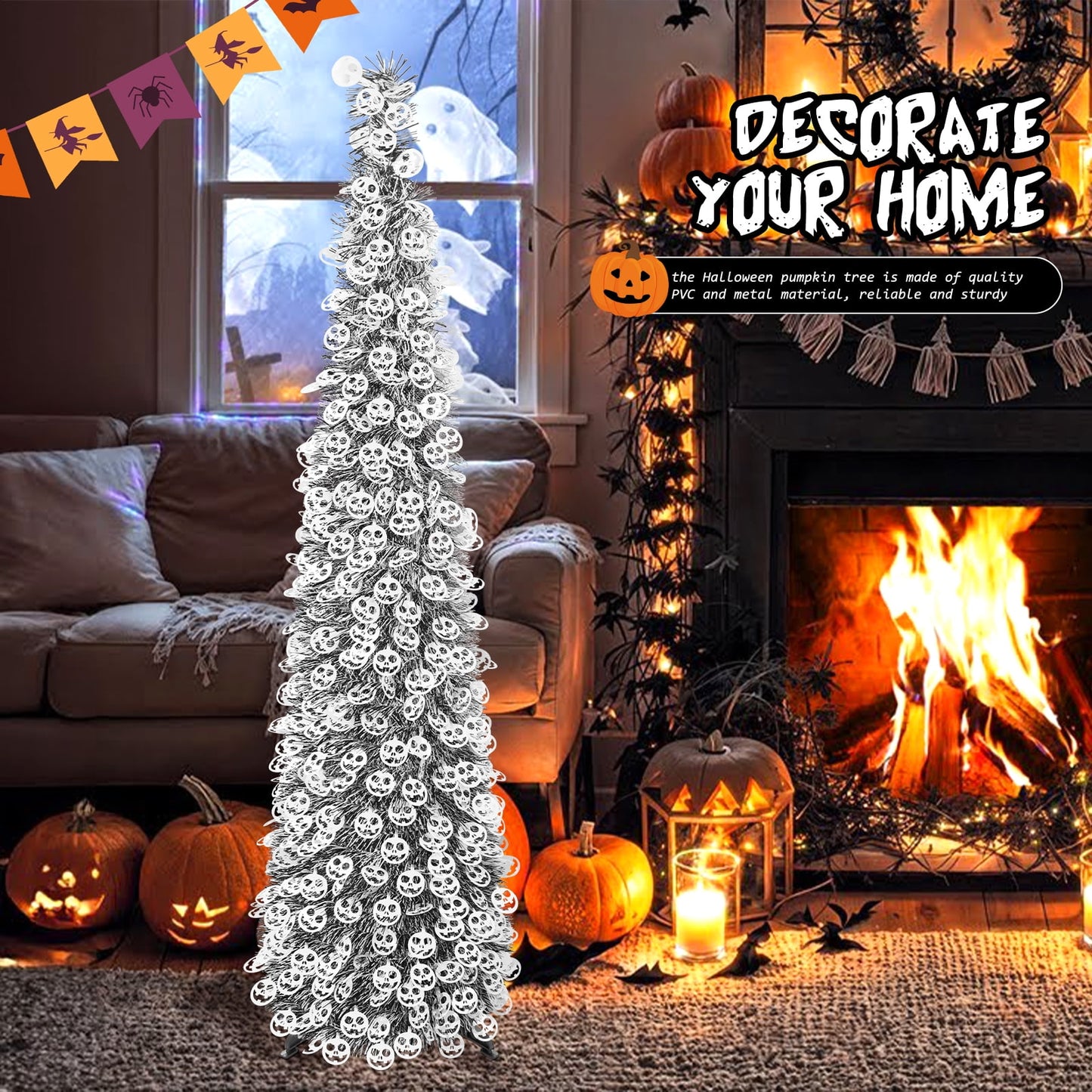 Ayieyill 5ft Halloween Tree Prelit, Pencil Pop up Tree with Light Halloween Decoration | Indoor