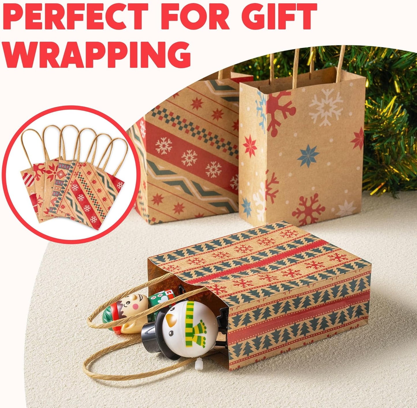 Ayieyill 12pcs Christmas Kraft Gift Bags with Handle, Christmas Paper Gift Treat Bags Bulk, Goodie Bags for Holiday Decor
