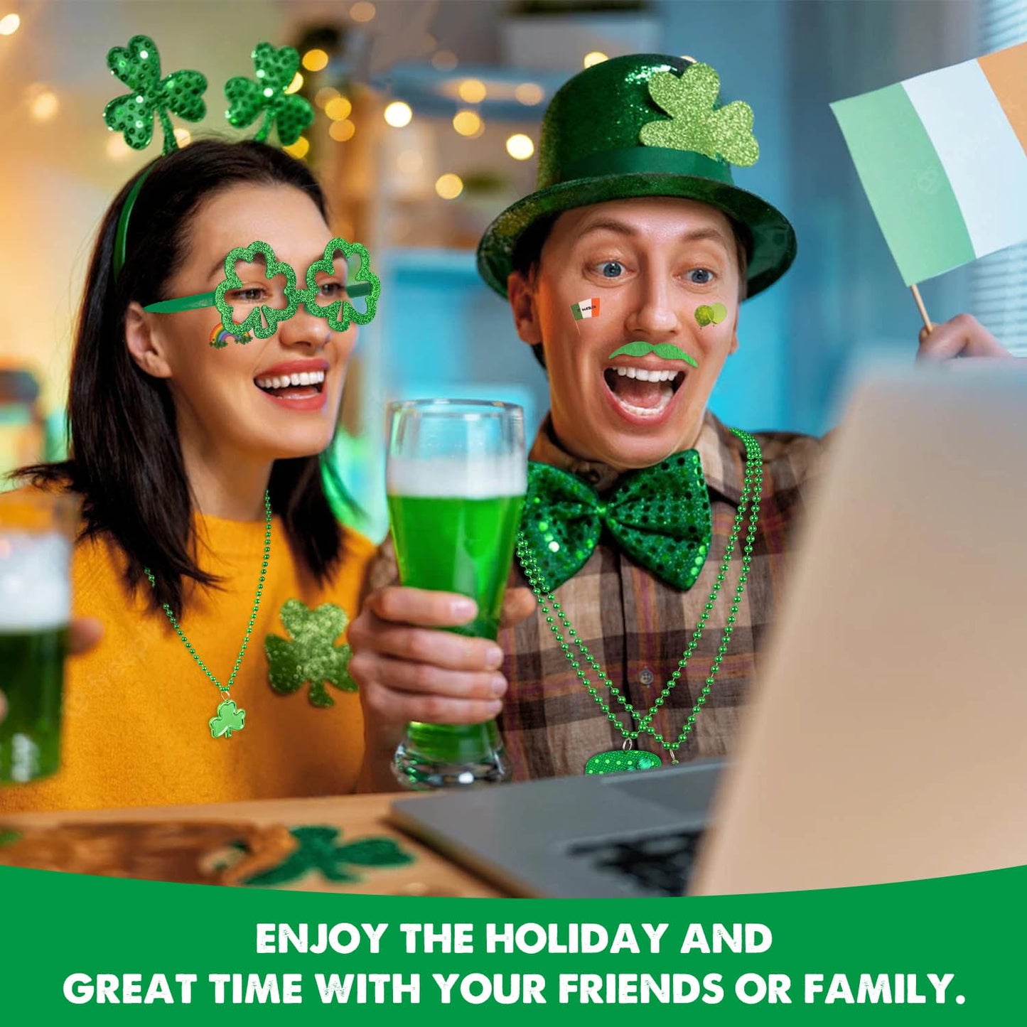 Ayieyill 196 Pcs St. Patrick's Day Party Favors Set, Green Shamrock Necklaces Sunglasses, Bracelets Temporary Tattoos Mustaches Coins