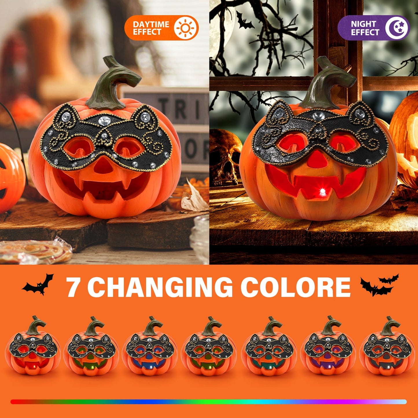 Ayieyill Halloween Pumpkin Decorations Light Up Pumpkin Figurine with Mask Halloween Decor for Home, Red