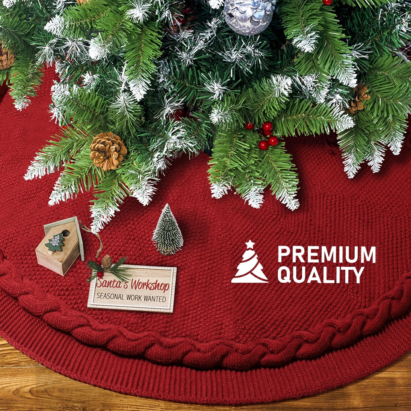 Ayieyill Christmas Tree Skirt, 48 inches White Tree Skirt Luxury Cable Knit Knitted Thick Rustic Xmas Tree Skirt Christmas Decoration, Cream