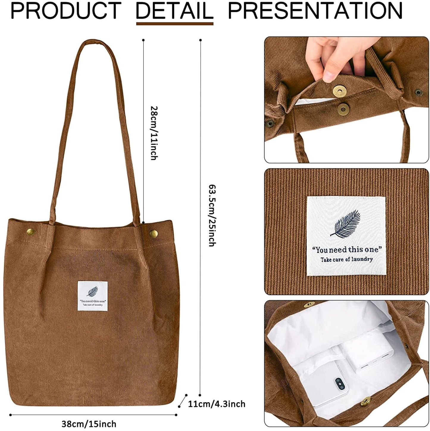 Ayieyill Corduroy Tote Bag Large for Women Girl Lady Canvas Shoulder Cord Purse and Handbags with Inner Pocket