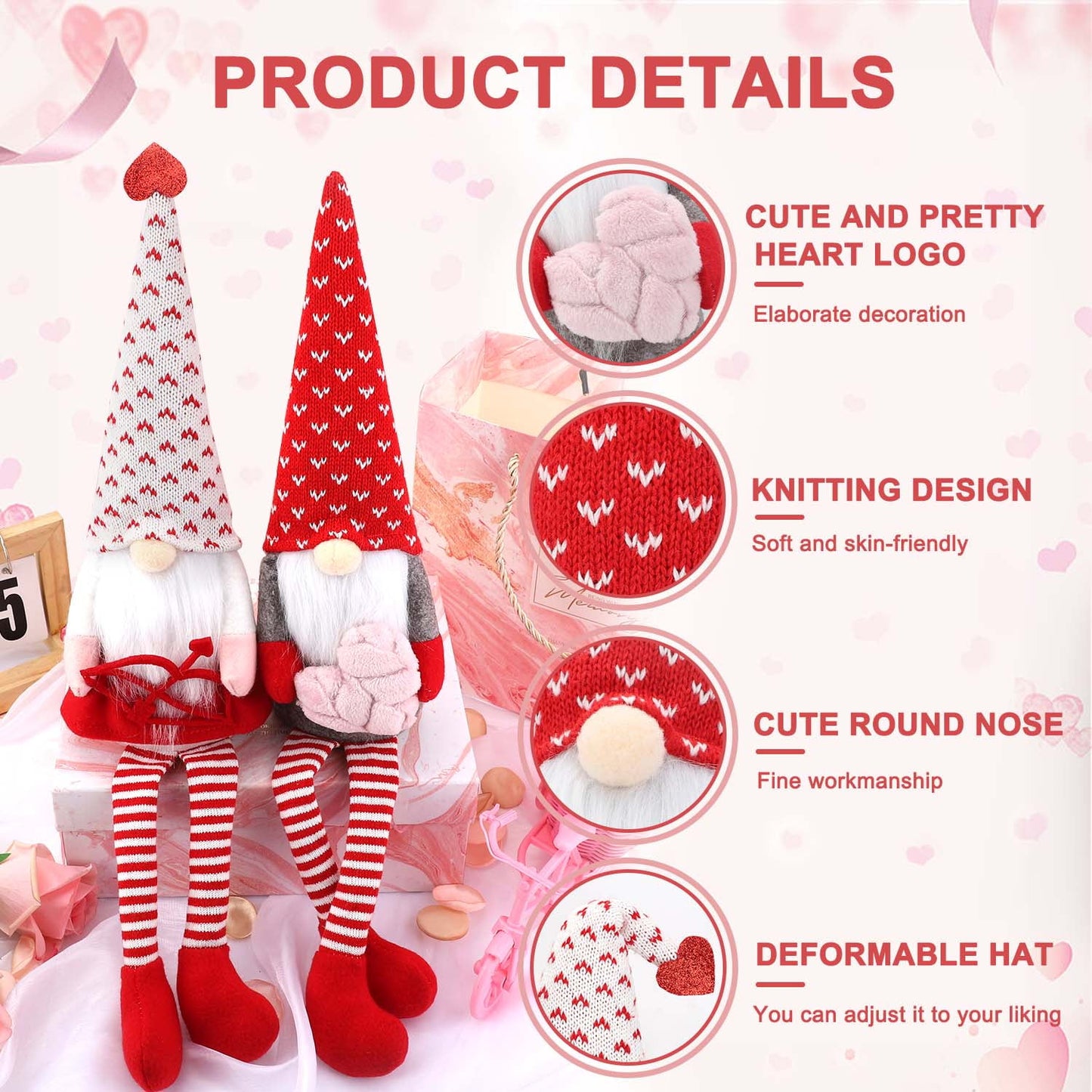 Ayieyill Valentines Day Decor 2PCs Valentine Gnomes Plush Dolls Scandinavian Tomte Swedish Gnome Elf Dwarf Figurines Valentine's Day Gifts