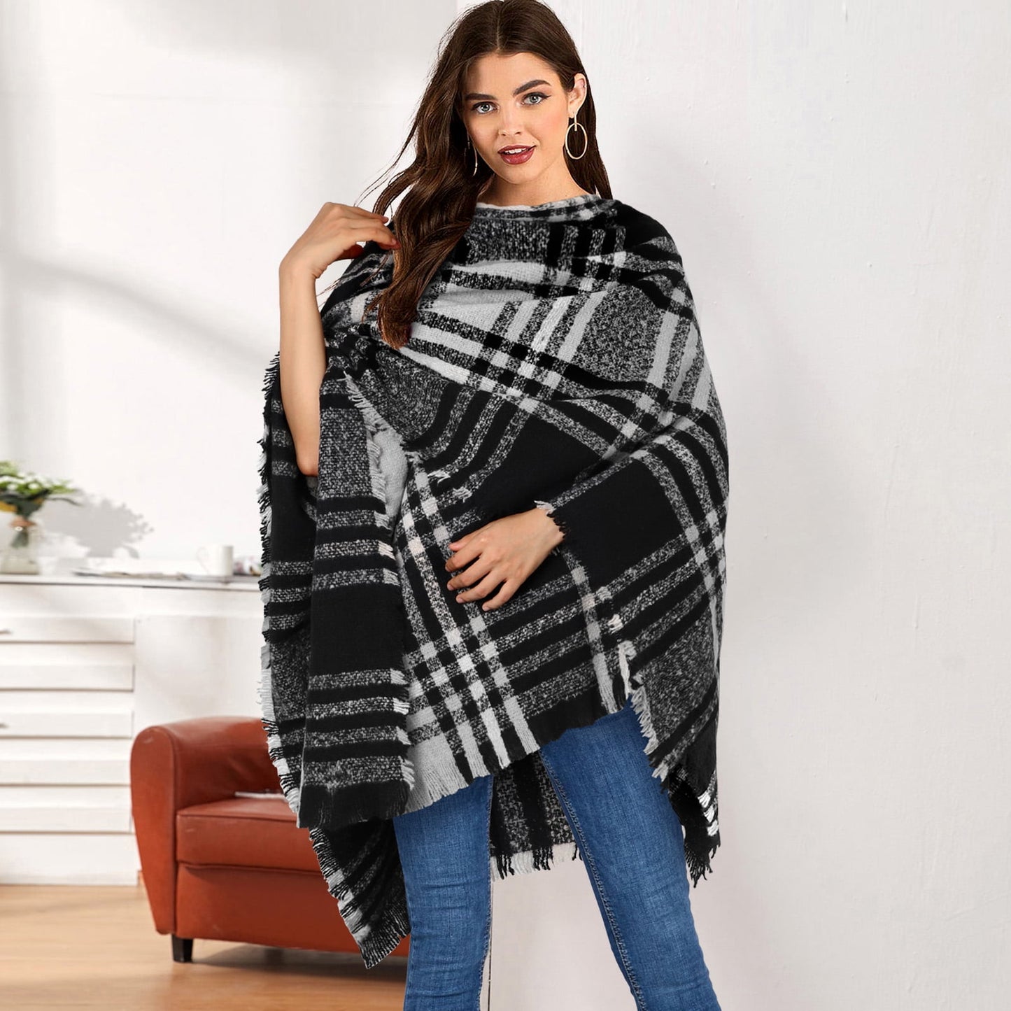 Ayieyill Shawl Wraps for Women Women's Poncho Open Front Boho Knitted Plaid Blanket Scarf Cape