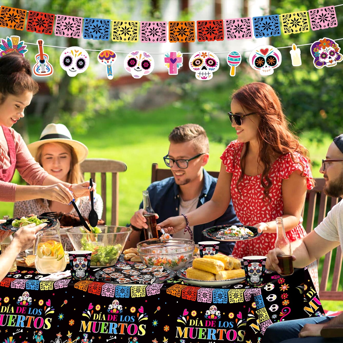 Ayieyill 170Pcs Day of the Dead Party Decorations Kit, Dia de los Party Supplies Set for 24 Guests, Includes Plates and Cups and Napkins Straws Sets