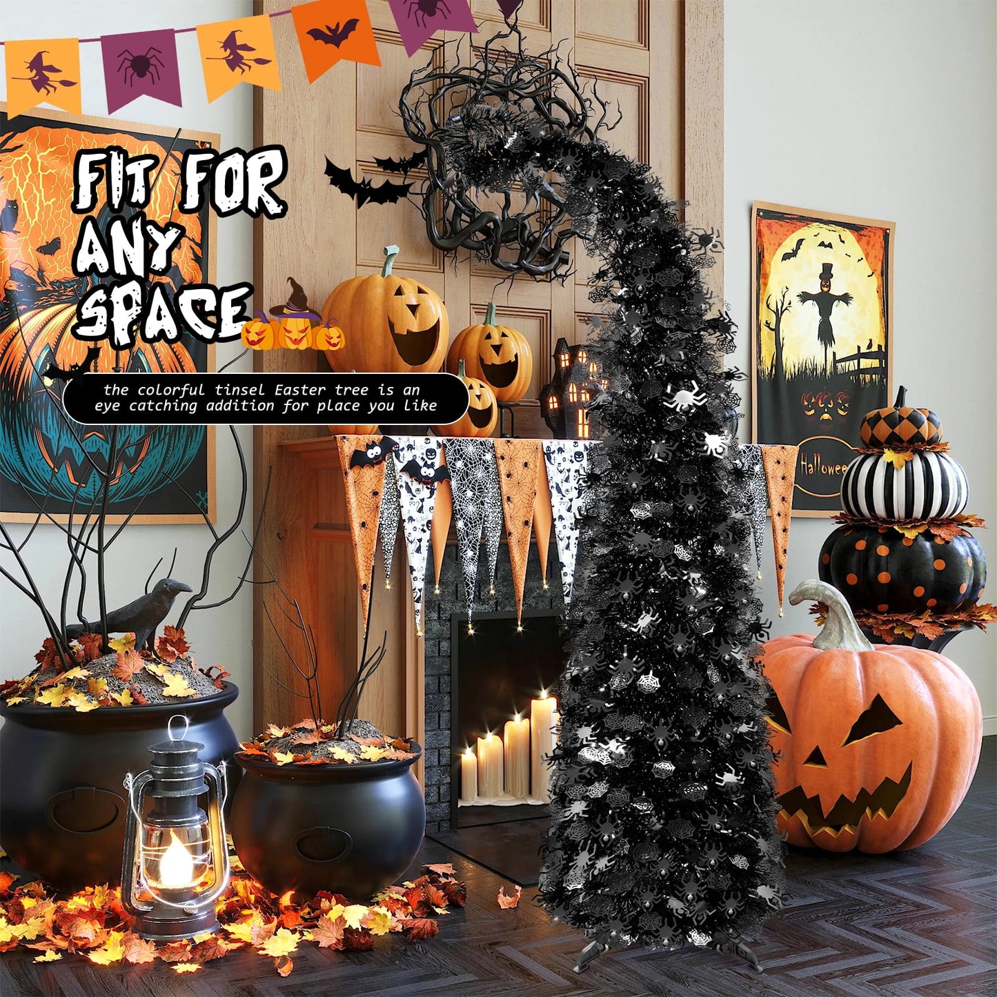 Ayieyill 5ft Halloween Tree Prelit, Pencil Pop up Tree with Light Halloween Decoration | Indoor