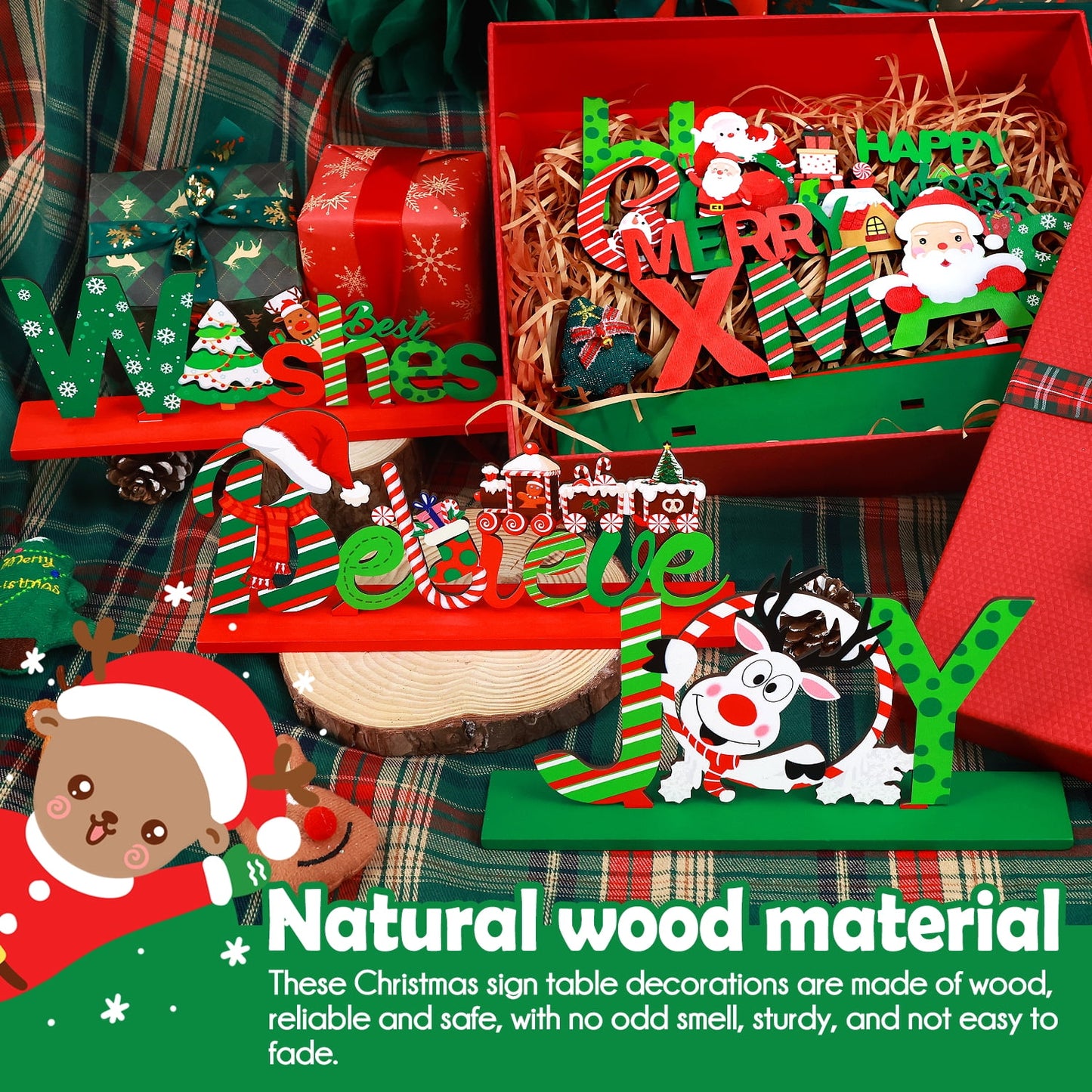 Ayieyill 6 Christmas Table Decorations Signs, Merry Wooden Christmas Table Decor Holidays Centerpiece